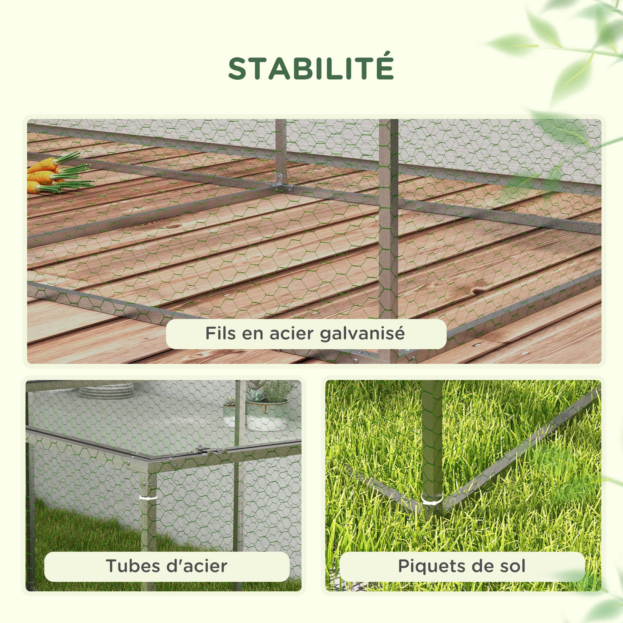 Voir la diapositive 6 : PAWHUT Cage parc enclos poulailler dim. 2,96L x 1l x 0,8H m - espace couvert - ouverture toit verrouillable - acier gris vert