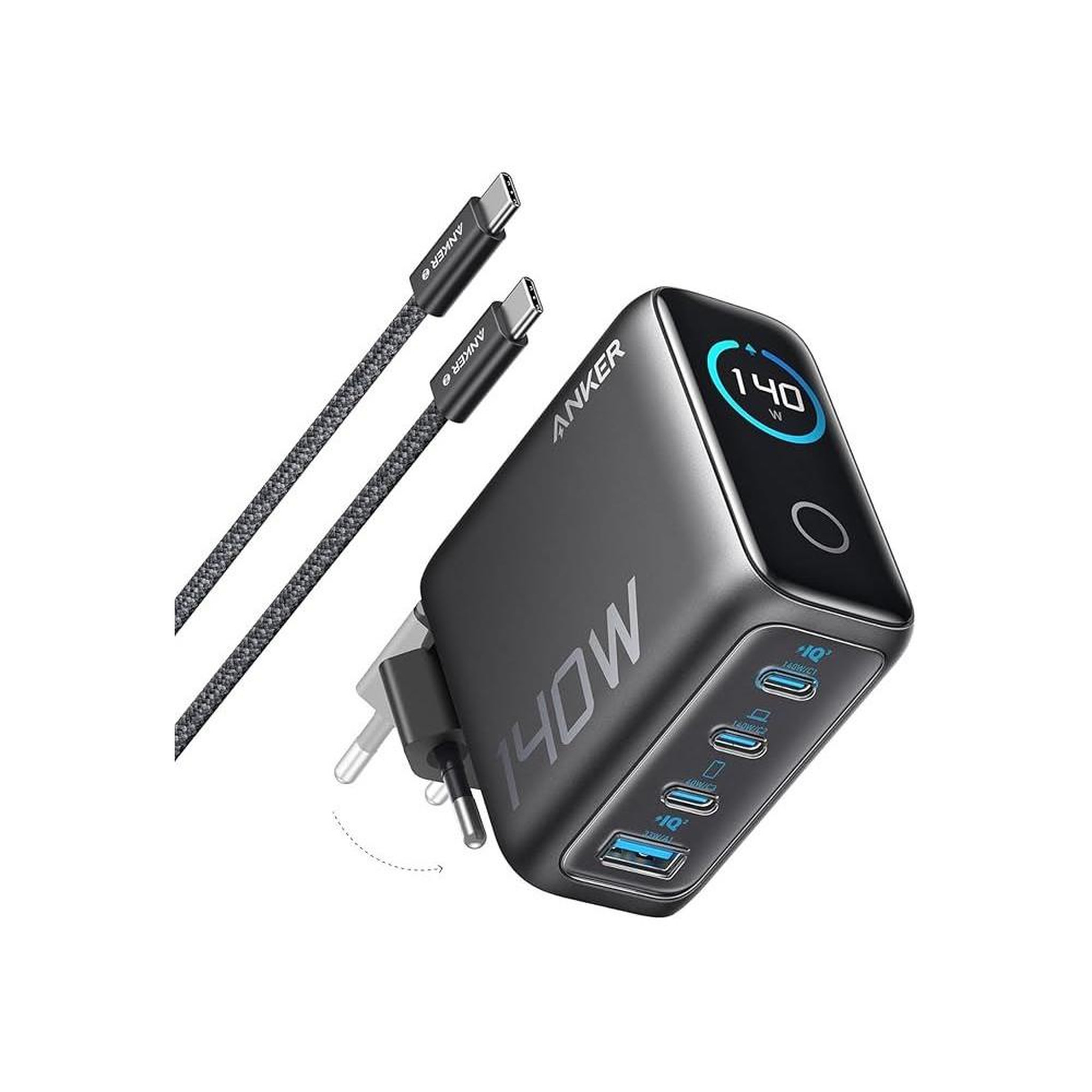 Anker Chargeur secteur compact anker 1a3c 140 w max gan avec écran intelligent pour 4 appareils (noir)