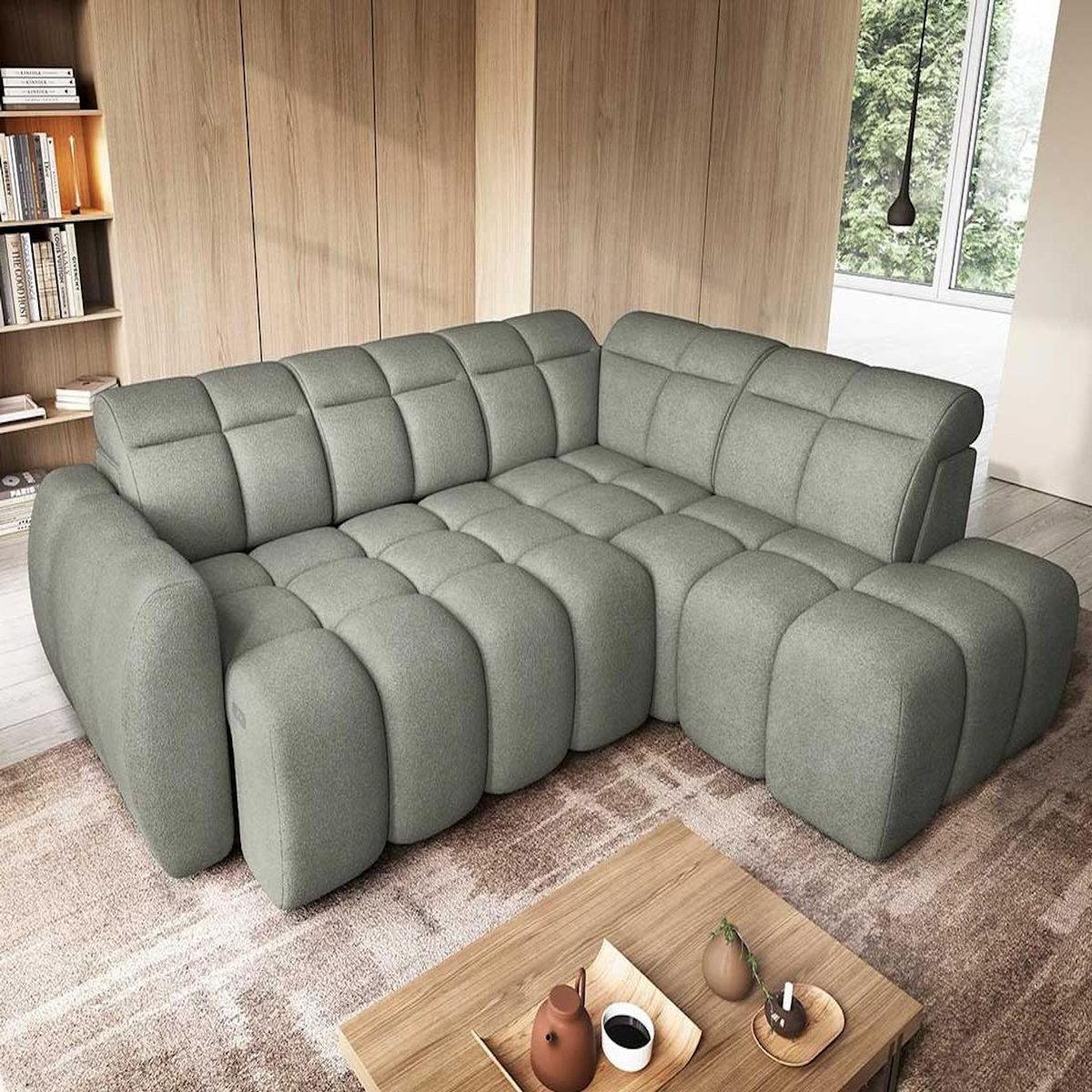 BEST MOBILIER Basile - canapé d'angle droit 4 places assise extensible électrique avec coffre en tissu texturé