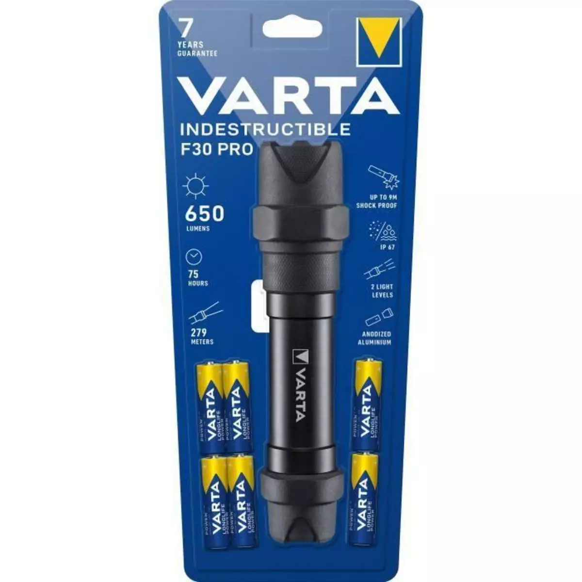  Torche-VARTA-Indestructible F30 Pro-650lm Garantie 7ans-Resistante au chocs (9m) a l'eau et la poussiere-IP67-6 Piles AA incluses
