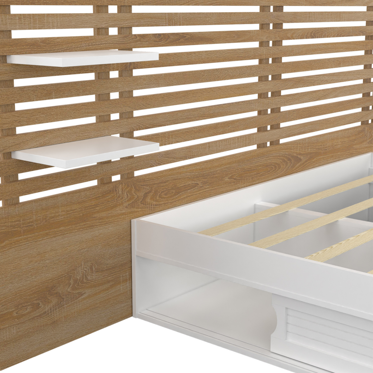 ID MARKET Lit double SAVANA avec tête de lit, chevets, rangements et sommier 140 x 190 cm blanc et façon hêtre