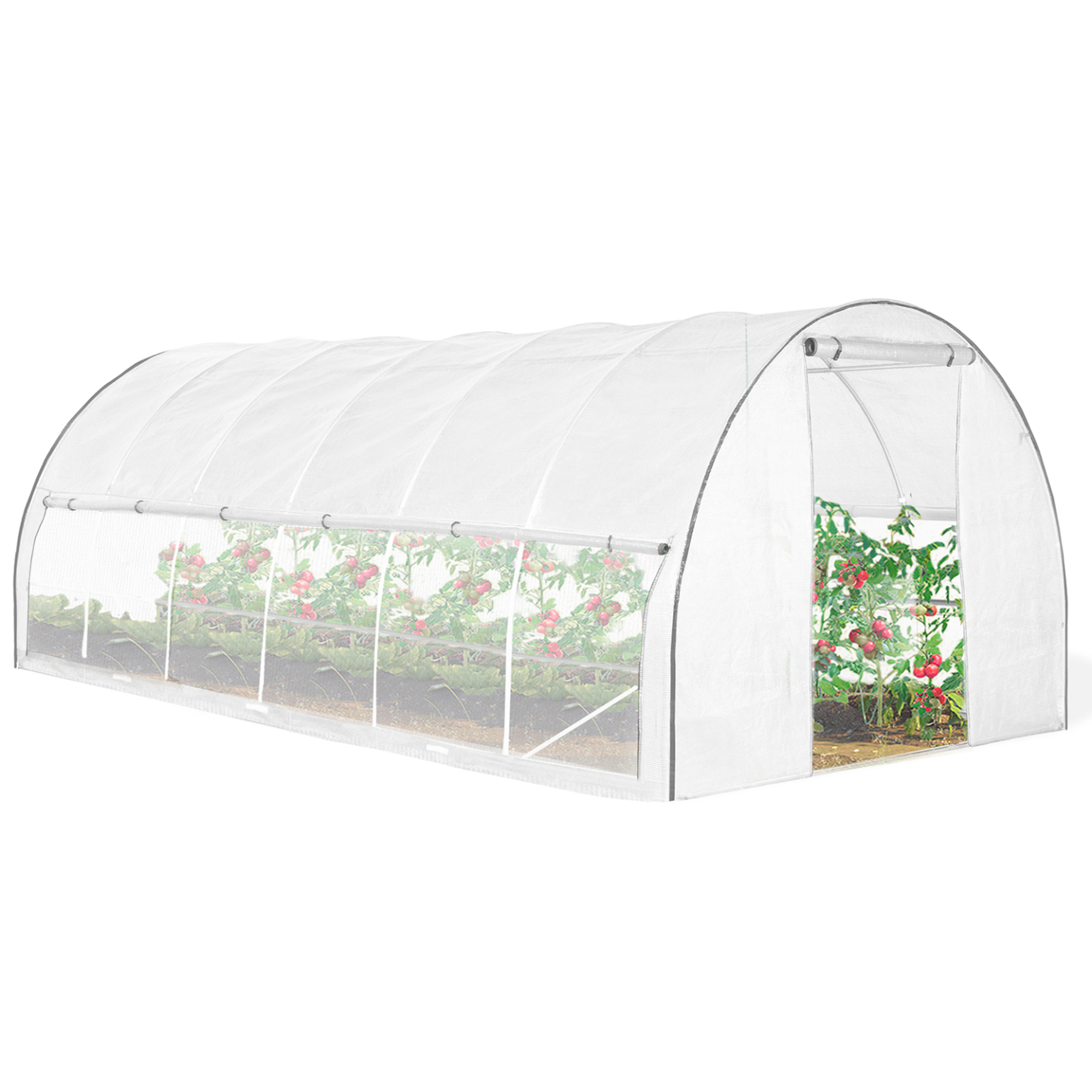 ID MARKET Serre de jardin tunnel 18m² 6 x 3 x 2 m acier galvanisé + bâche anti-uv avec porte et fenêtres crimée blanche avec moustiquaire