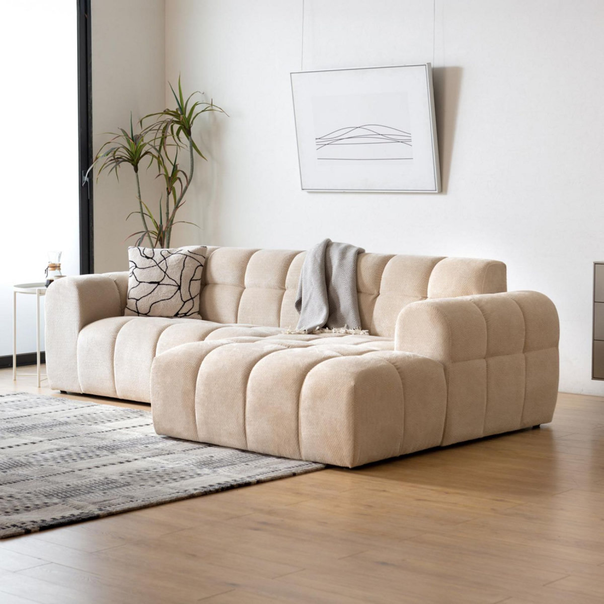 CONCEPT USINE Canapé d'angle 3 places nuage en velours beige SALFORD