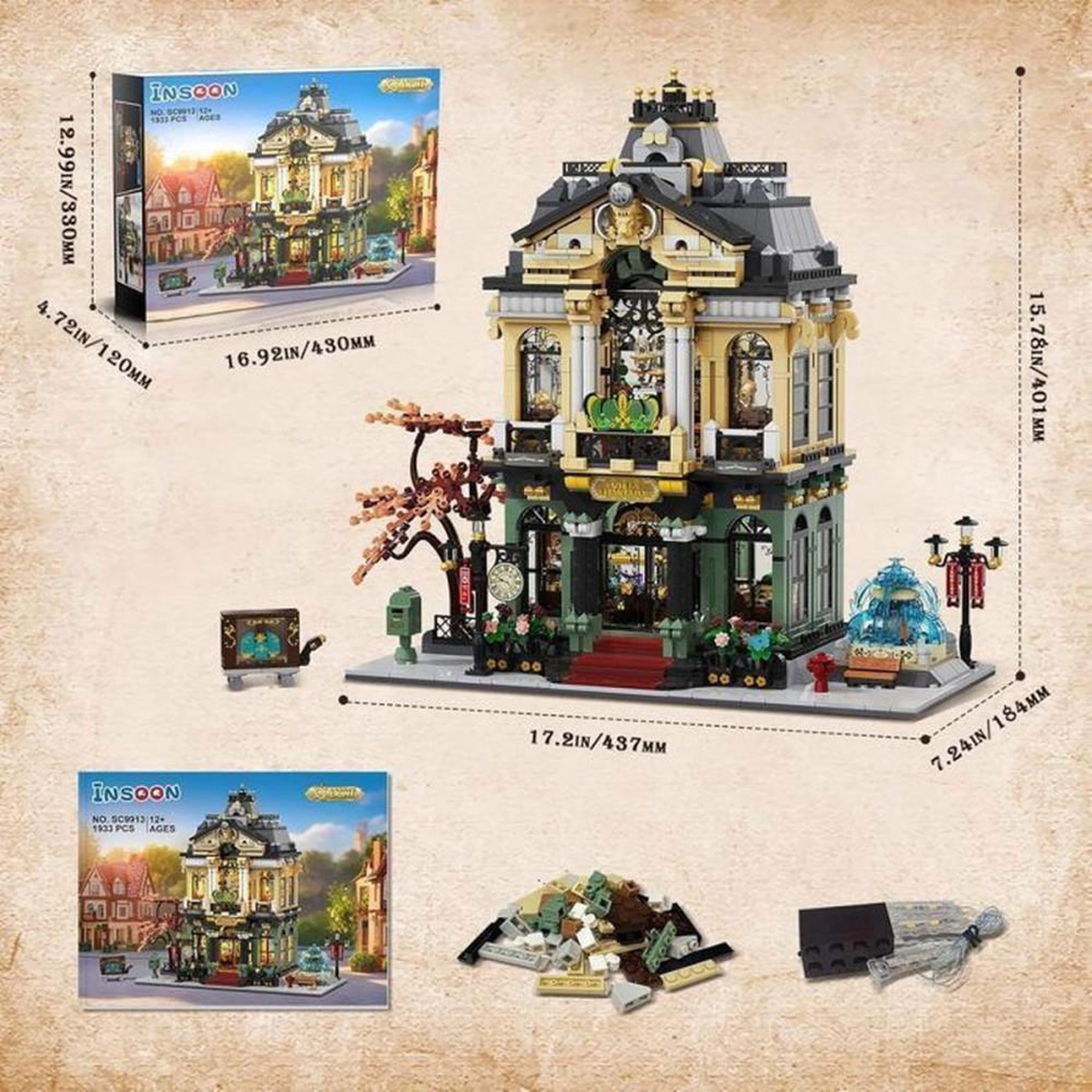Voir la diapositive 2 : Jeu de construction modulaire Magasin de bijoux, maison urbaine à 2 étages avec LED intégrées, 1933 pièces, style européen baroque