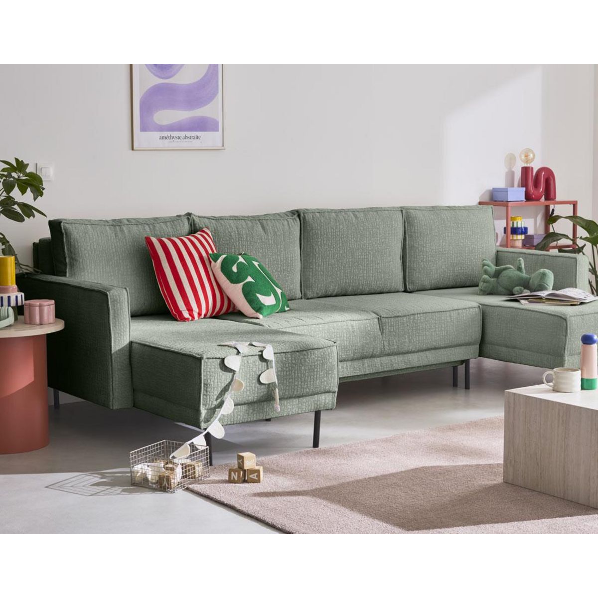 LISA DESIGN Charlie - canapé panoramique en u 7 places - convertible avec coffre - en tissu velours relief