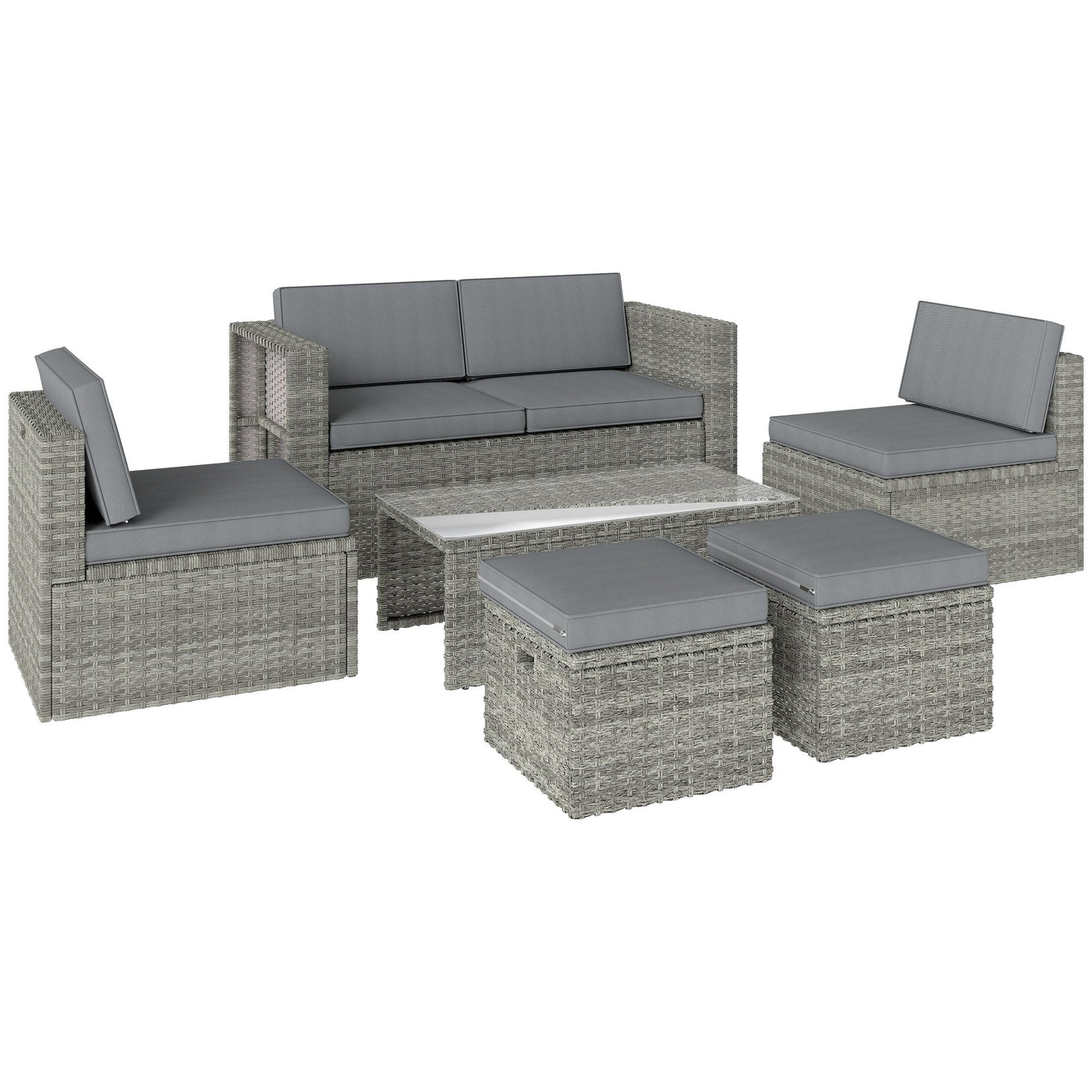 OUTSUNNY Salon de jardin 6 personnes 6 pièces encastrable résine coussins déhoussables gris