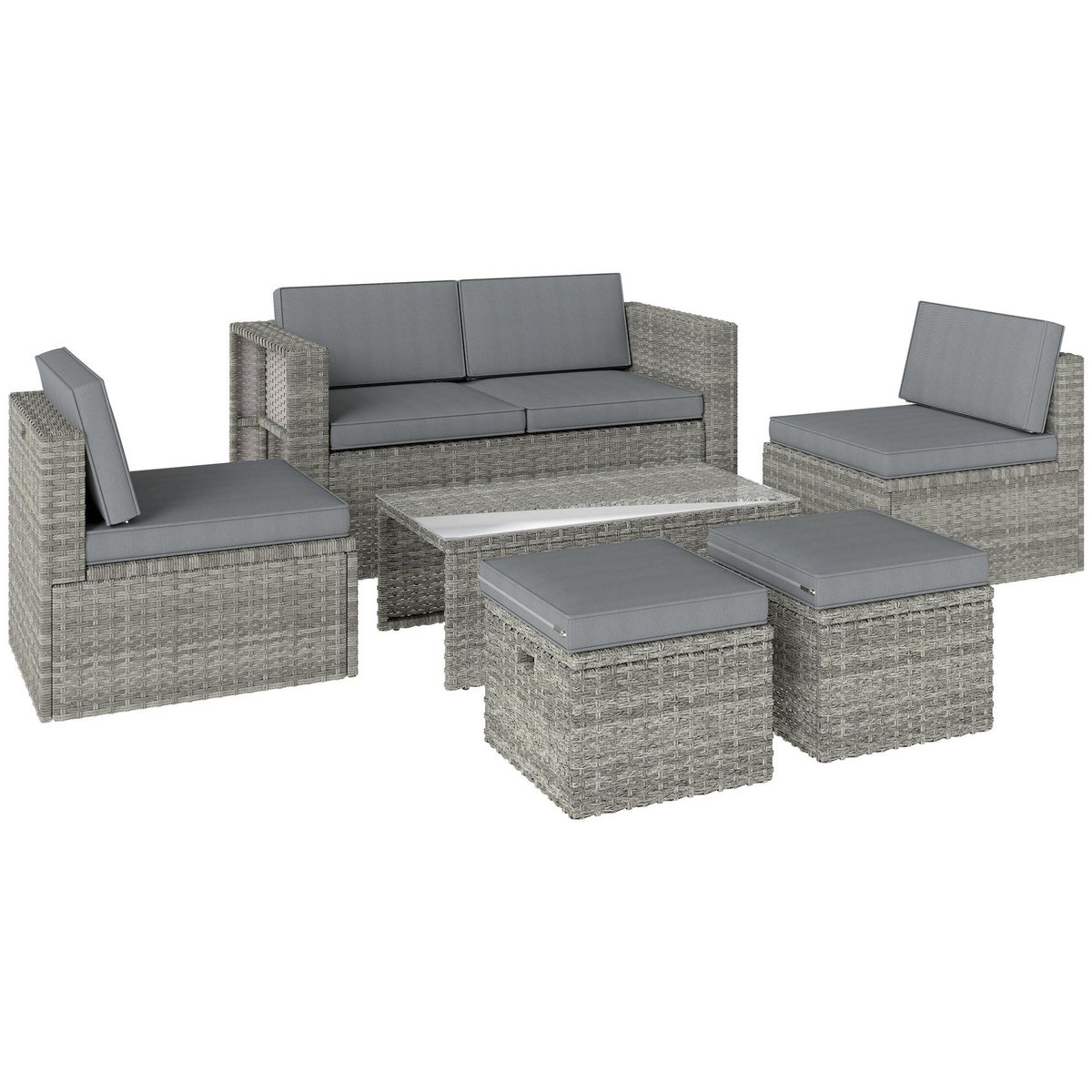 OUTSUNNY Salon de Jardin 6 personnes 6 pièces encastrable résine coussins déhoussables gris