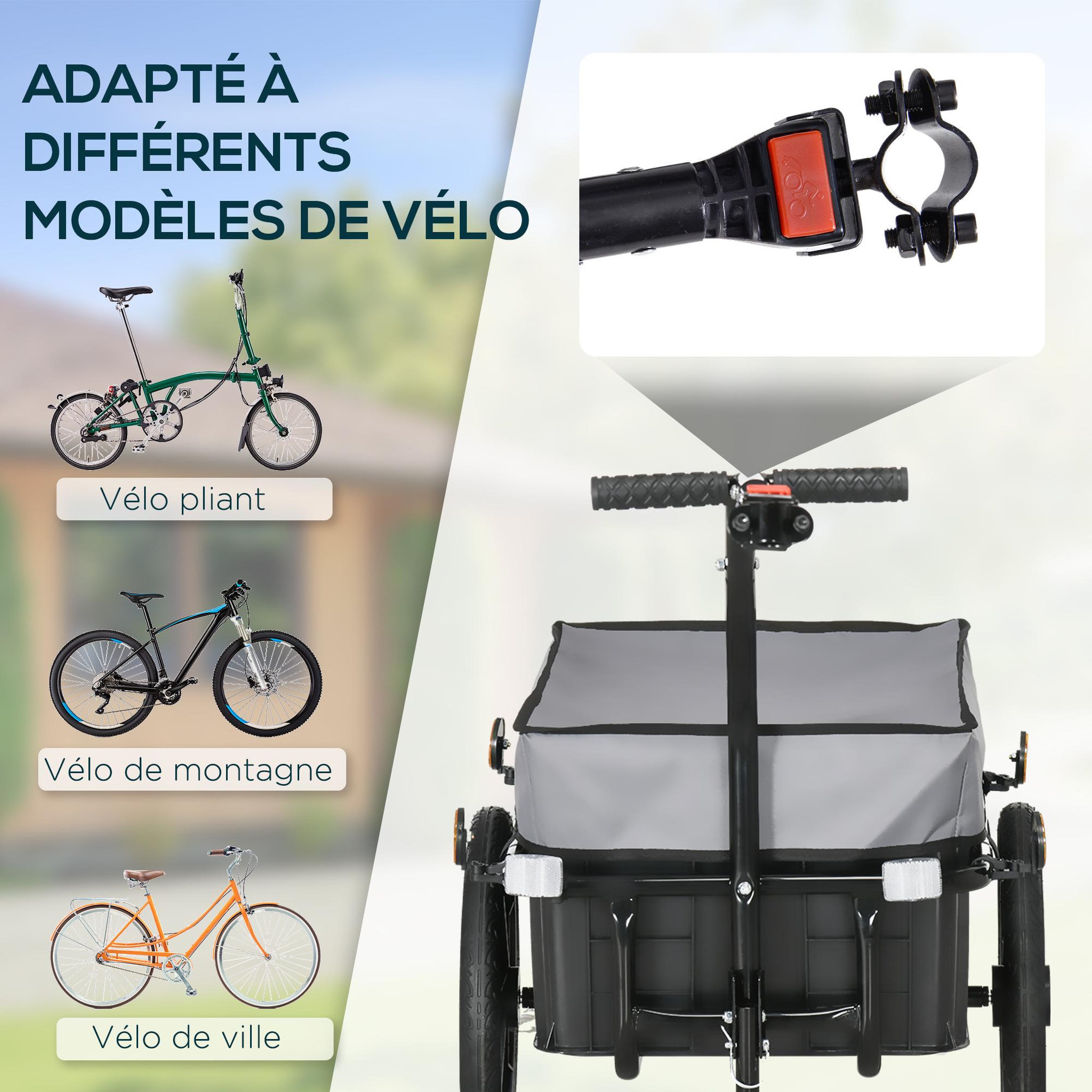 Voir la diapositive 6 : HOMCOM Remorque vélo remorque de transport pour vélo 144l x 59l x 80h cm barre d'attelage universelle acier oxford noir