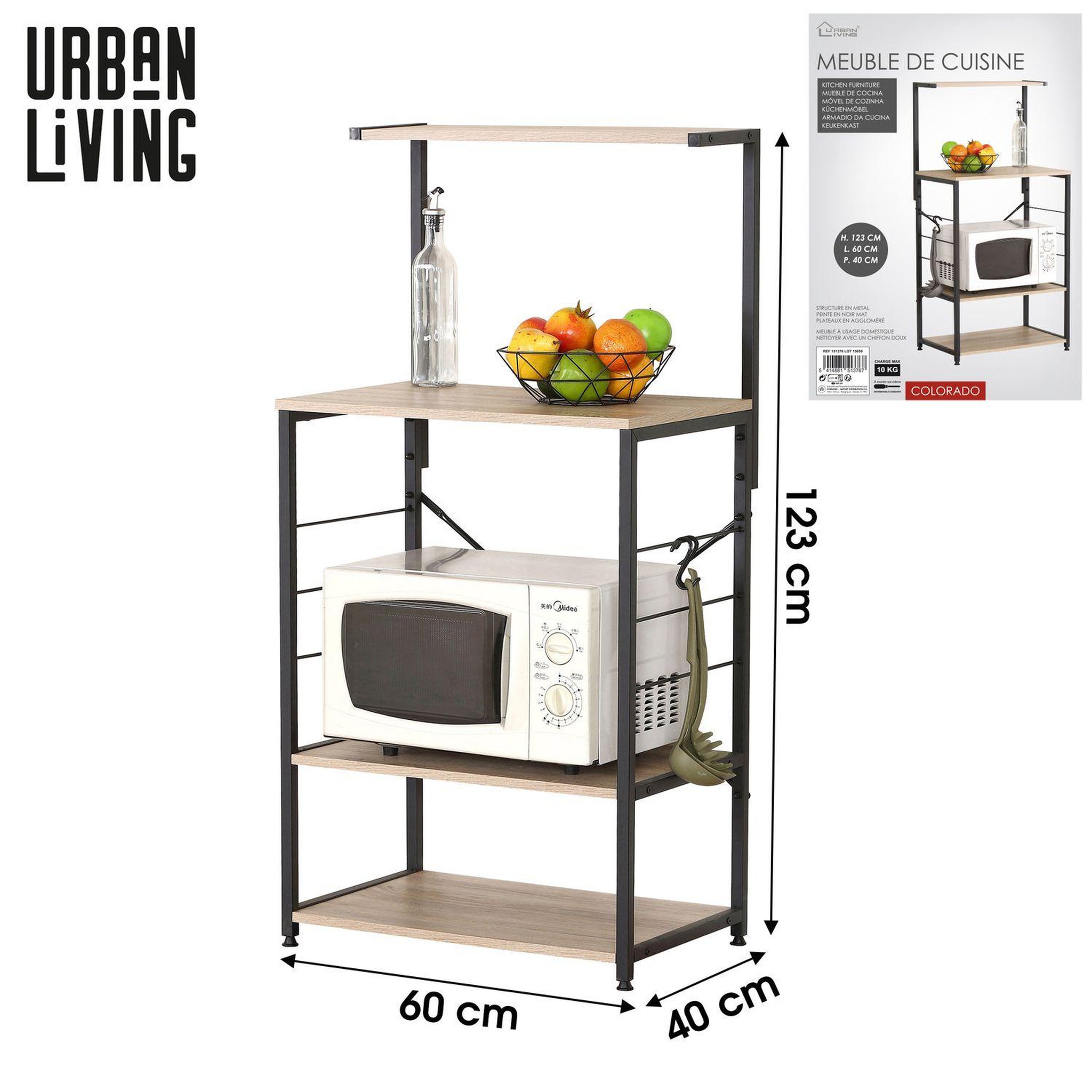 Voir la diapositive 4 : TOILINUX Etagère de cuisine colorado 4 niveaux avec accroches en mdf et métal - beige et noir