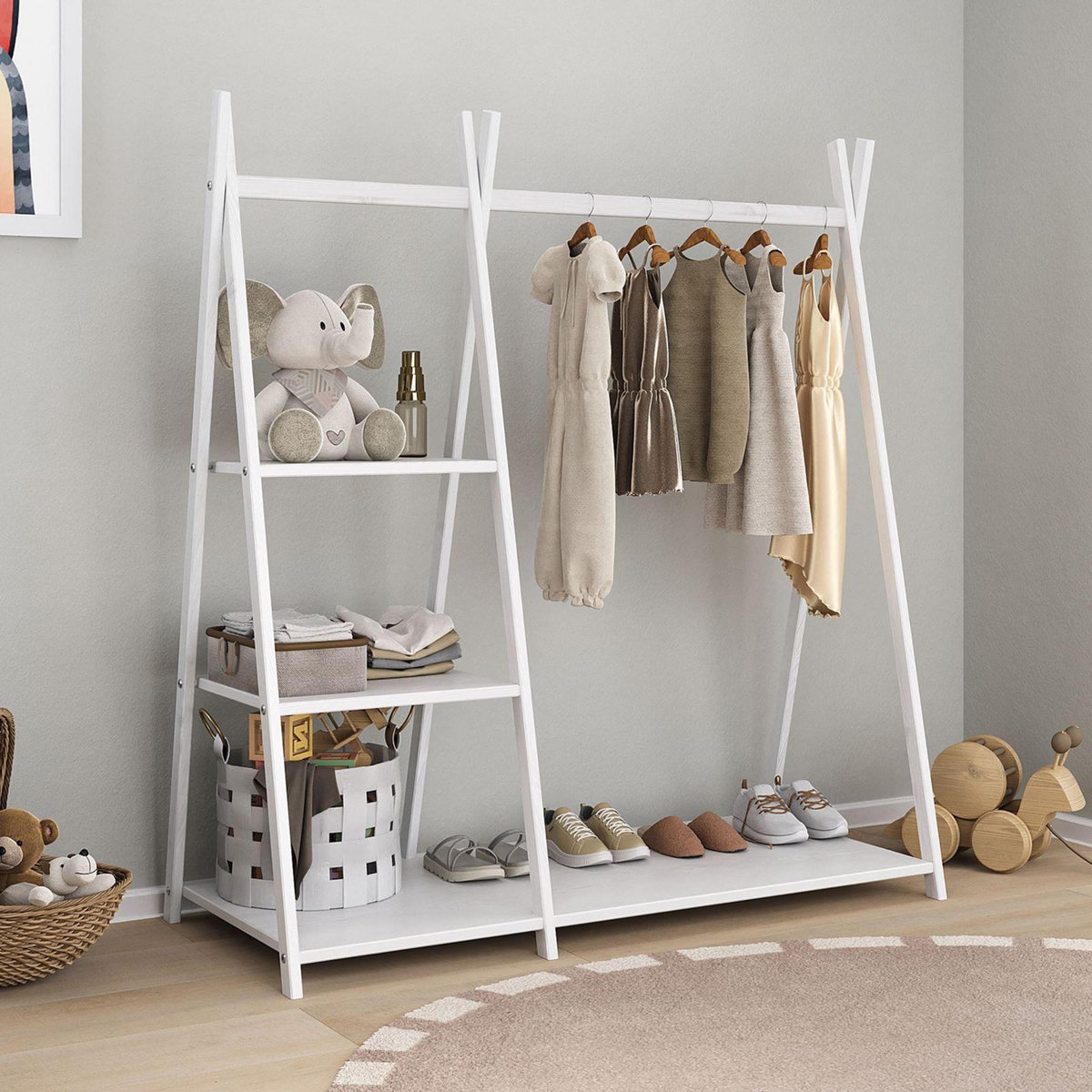 IDIMEX Penderie pour enfants LOTTE avec 3 étagères, en bois massif