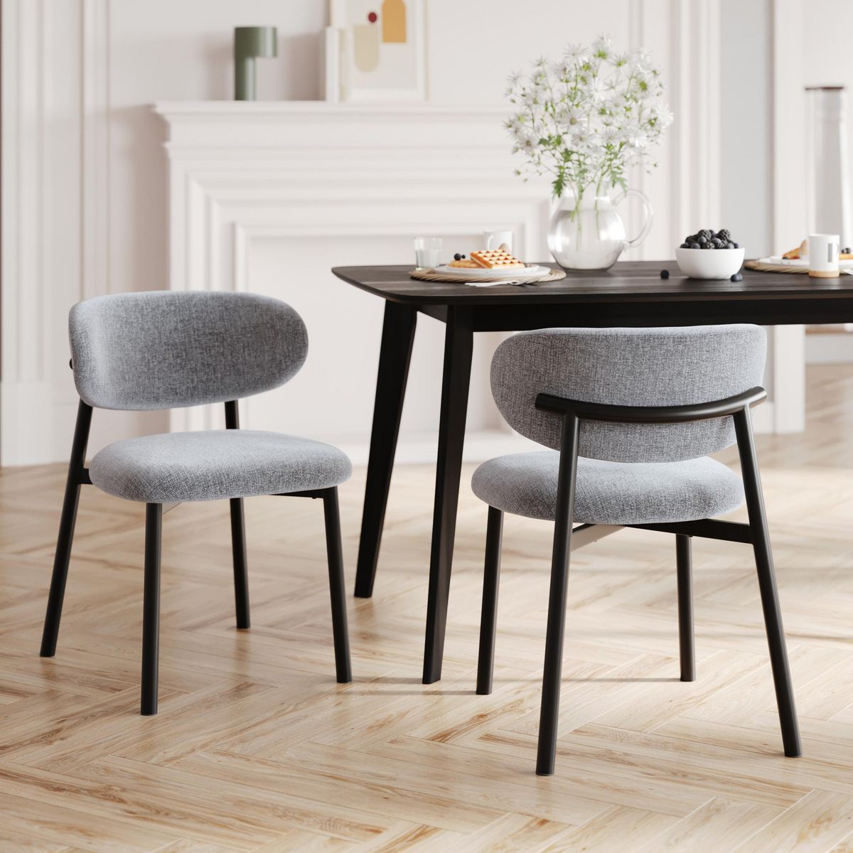 Rendez vous déco Lot de 2 chaises en tissu gris clair chiné et pieds en métal noir - Nao