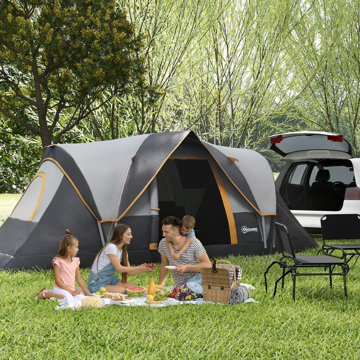 OUTSUNNY Tente de camping familiale 5-6 pers. - grande porte + 3 fenêtres - fibre verre polyester oxford gris orange
