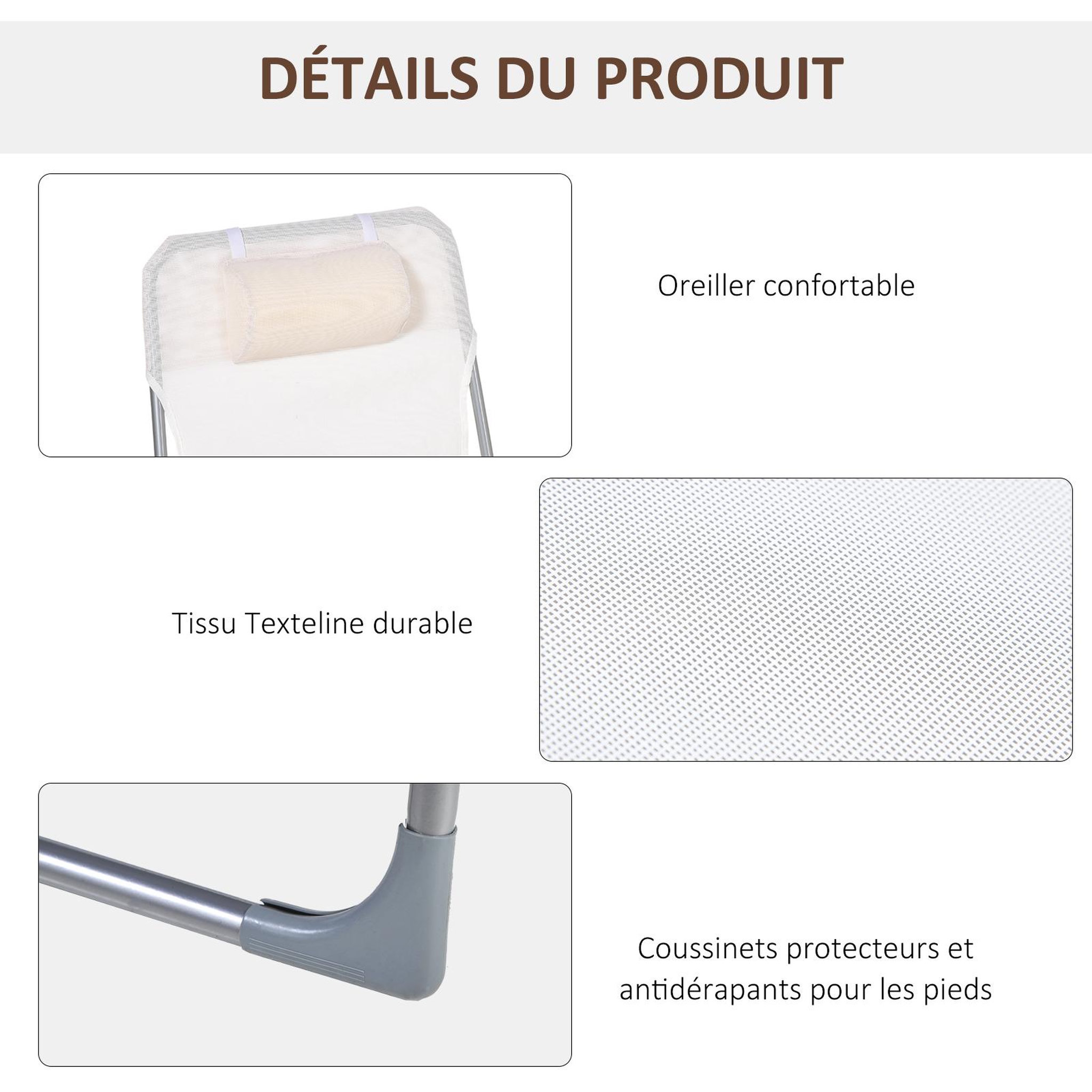 Voir la diapositive 5 : OUTSUNNY Bain de soleil transat pliable dossier réglable 5 positions acier teslin crème