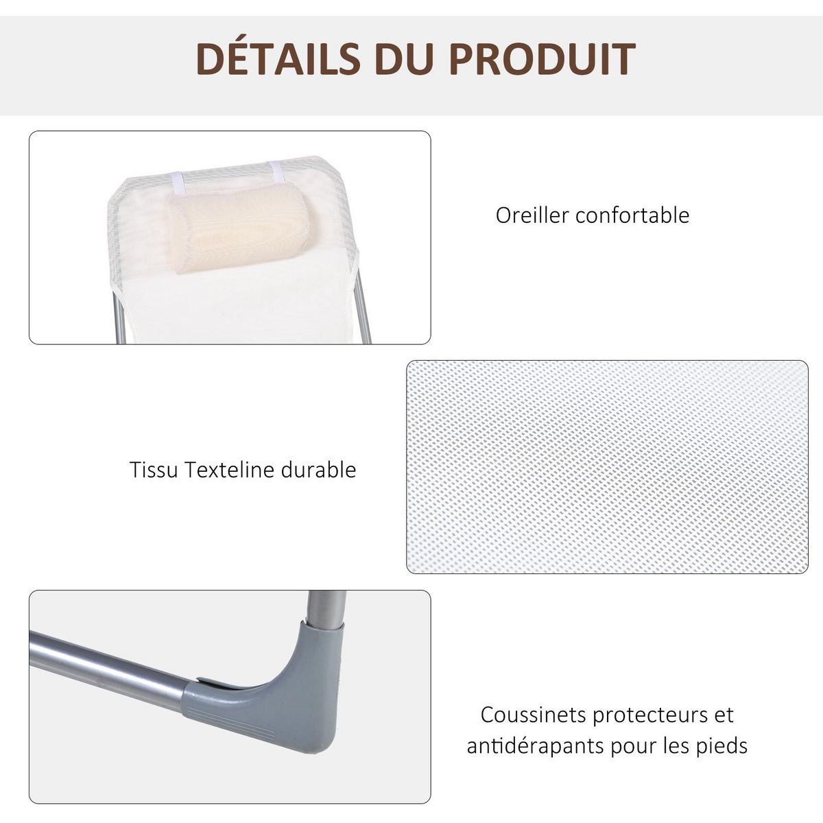 OUTSUNNY Bain de soleil transat pliable dossier réglable 5 positions acier teslin crème