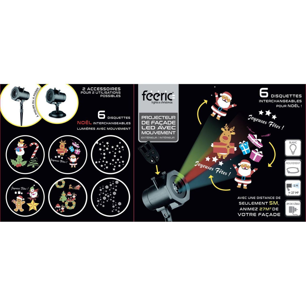 FEERIC LIGHT & CHRISTMAS Projecteur extérieur de Noël avec 6 Films - 5 m de projection - Noir