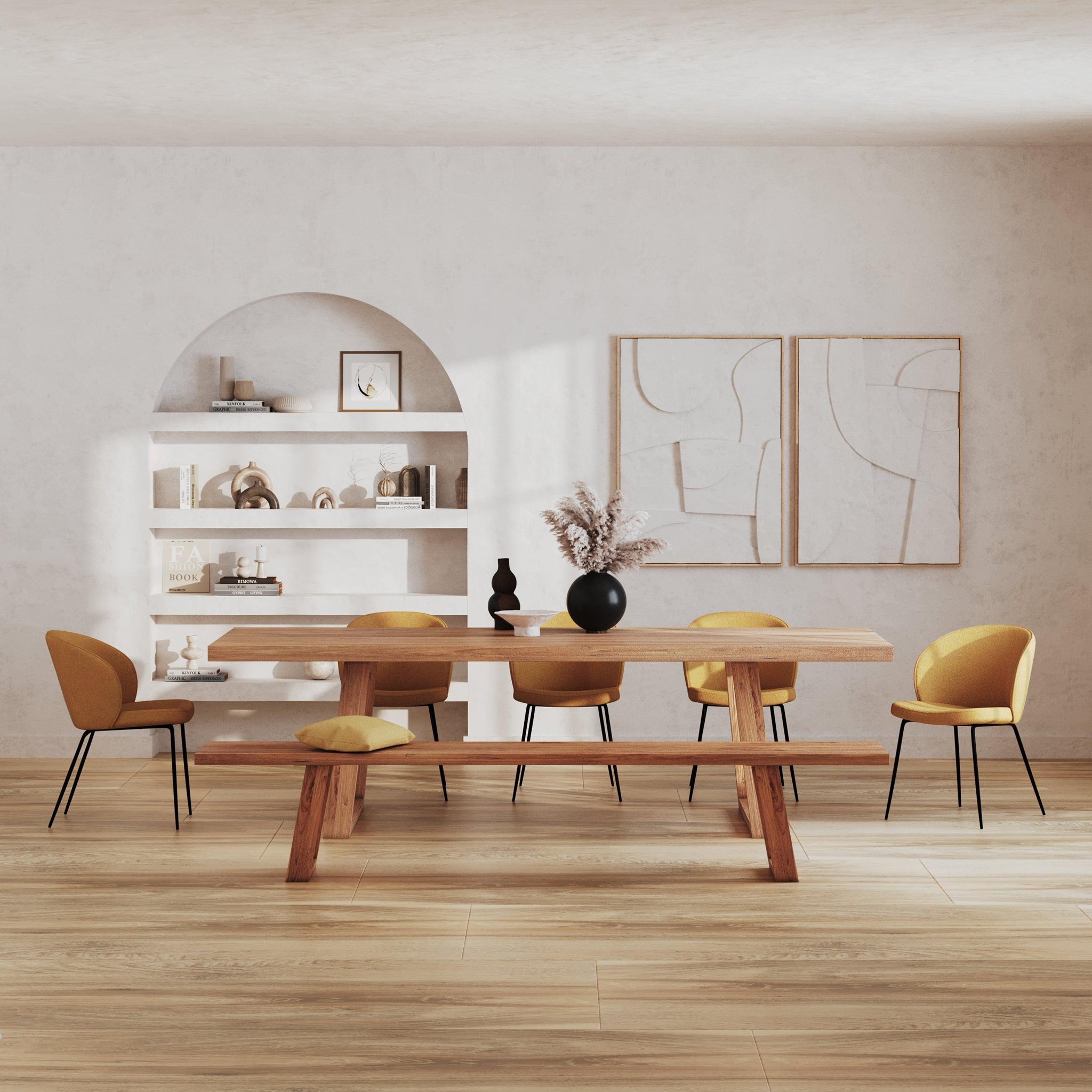 Voir la diapositive 5 : MAISON PAVANE Lot de 2 chaises jaunes en tissu bouclette et pied en métal-groom