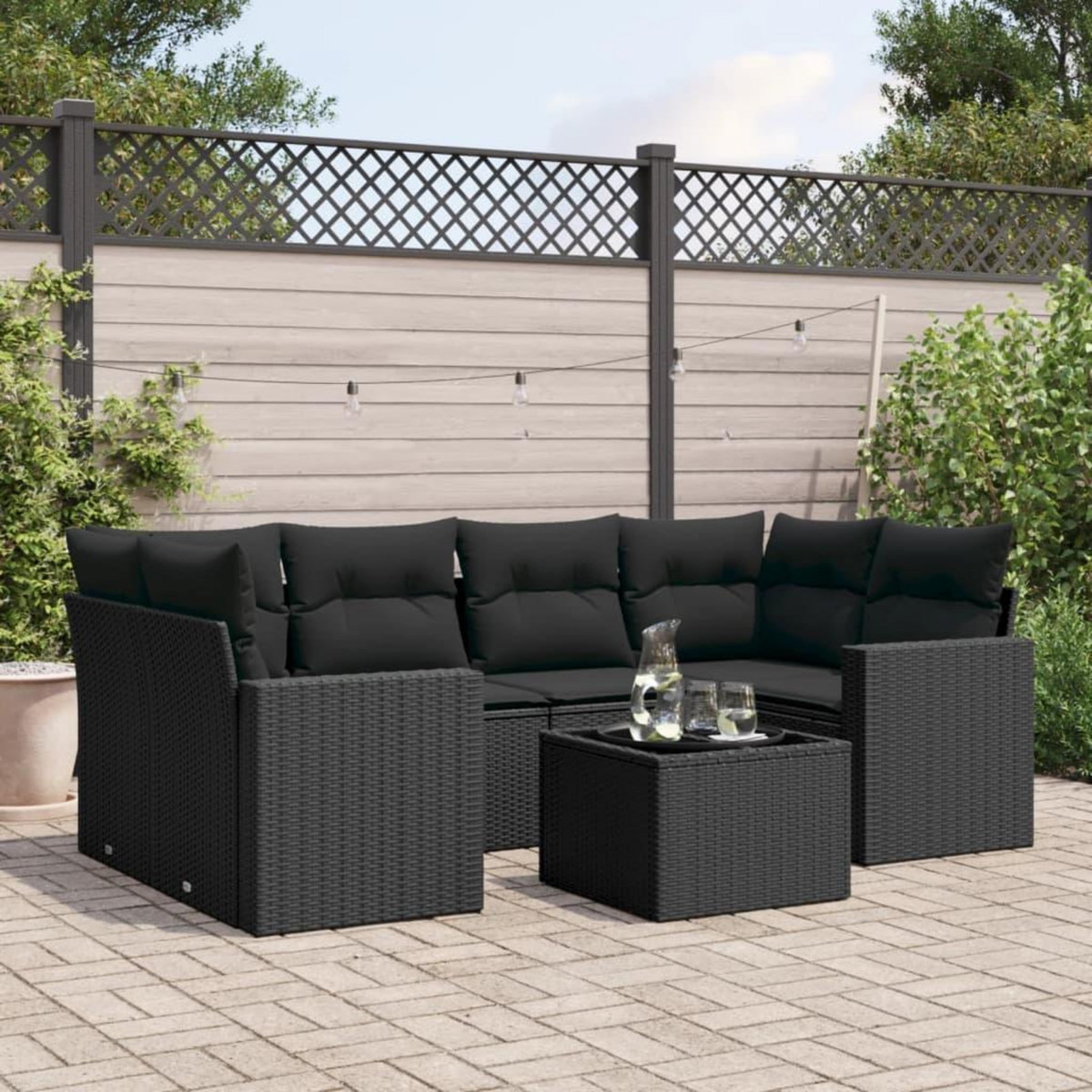 VIDAXL Salon de jardin 7 pcs avec coussins noir resine tressee