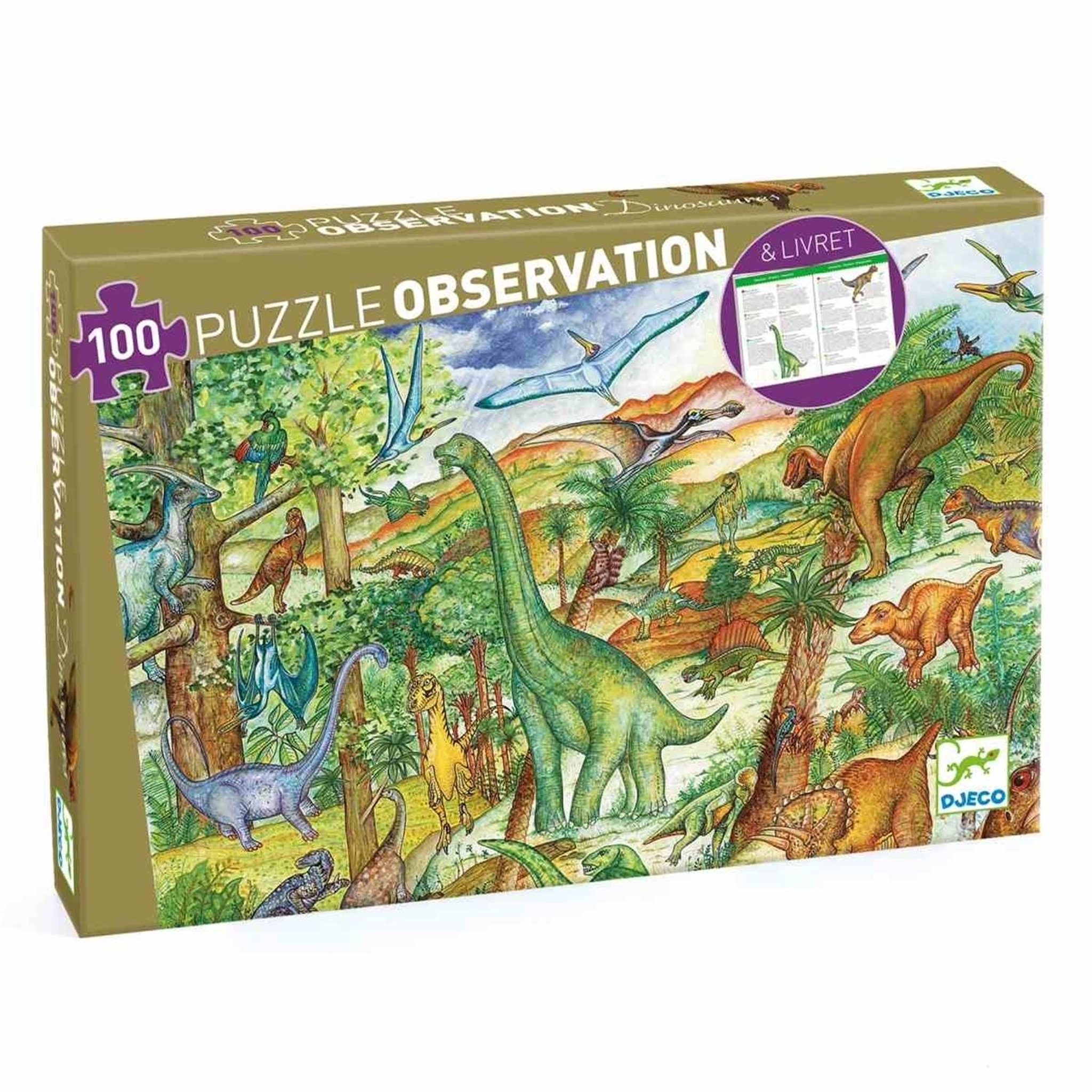 Voir la diapositive 1 : Djeco Puzzle d'observation Dinosaures et livret 100 pièce