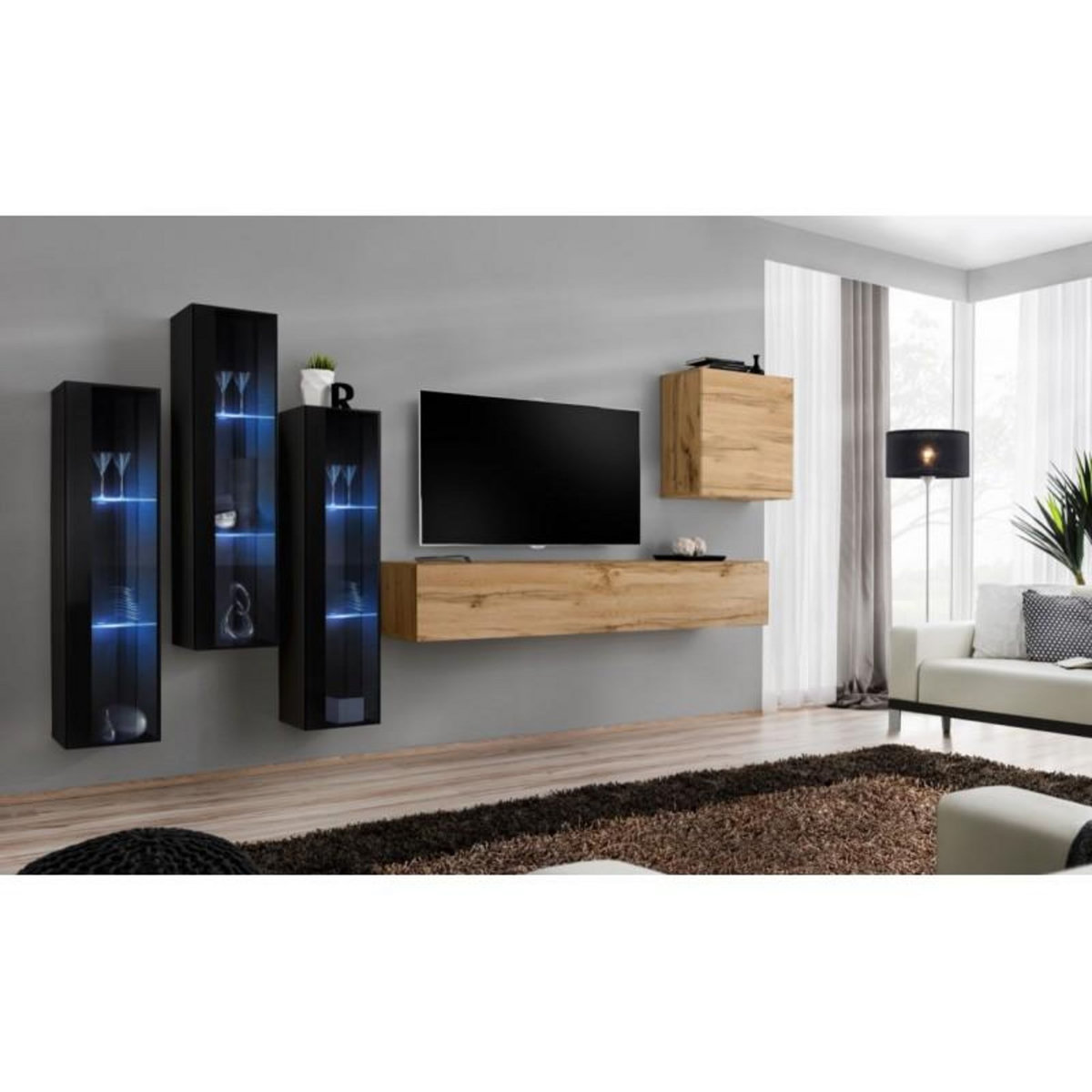 Paris Prix Meuble TV Mural Design  Switch XIII  330cm Naturel & Noir