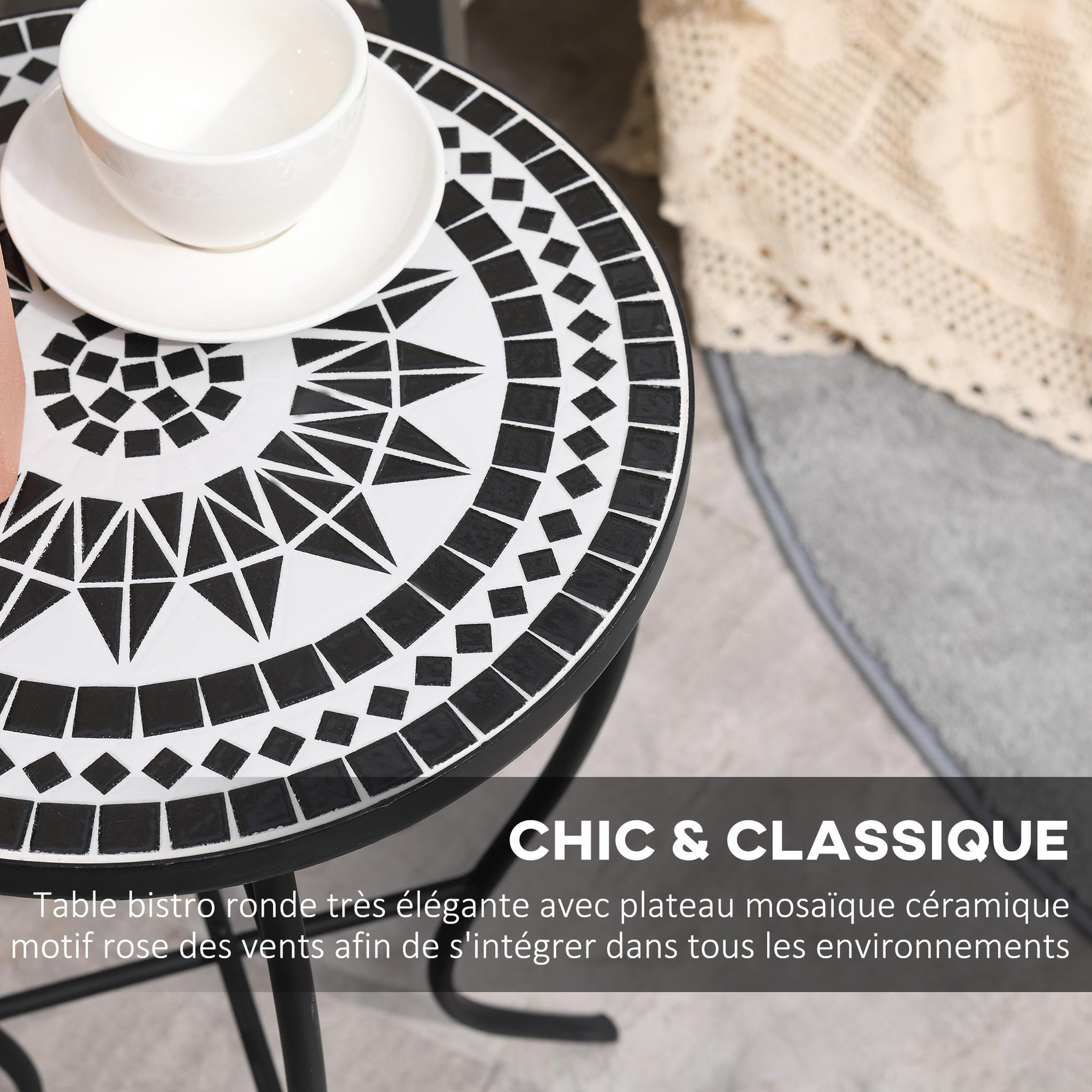 Voir la diapositive 4 : OUTSUNNY Table ronde style fer forgé bistro plateau mosaïque céramique métal époxy anticorrosion noir blanc