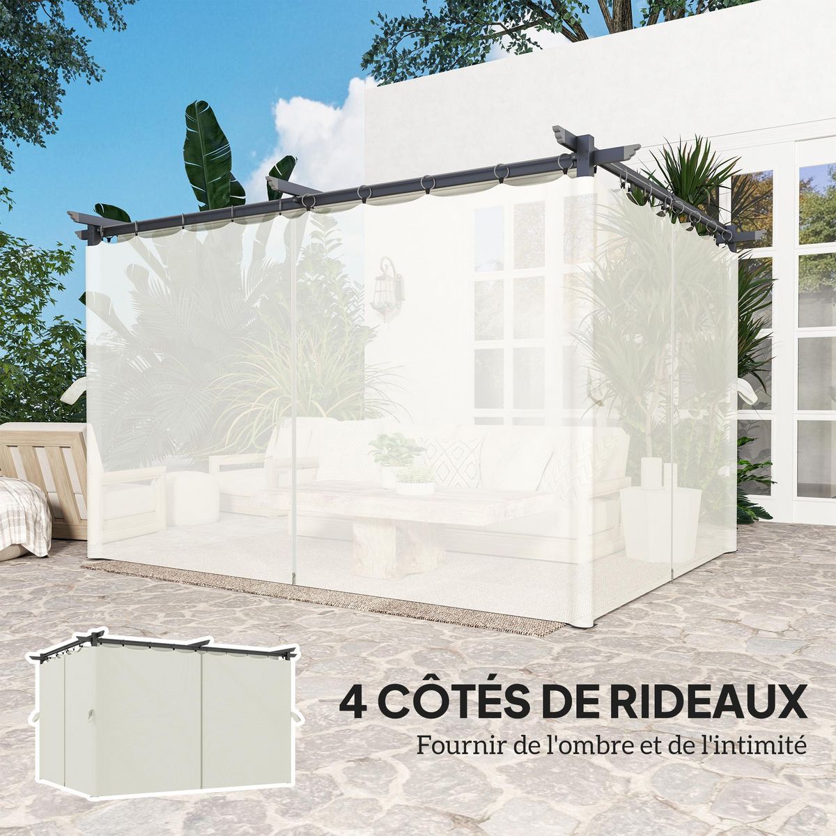 OUTSUNNY Pergola 3 x 4 m toile toit rétractable 4 rideaux ajustables métal noir polyester haute densité 180g/m² crème