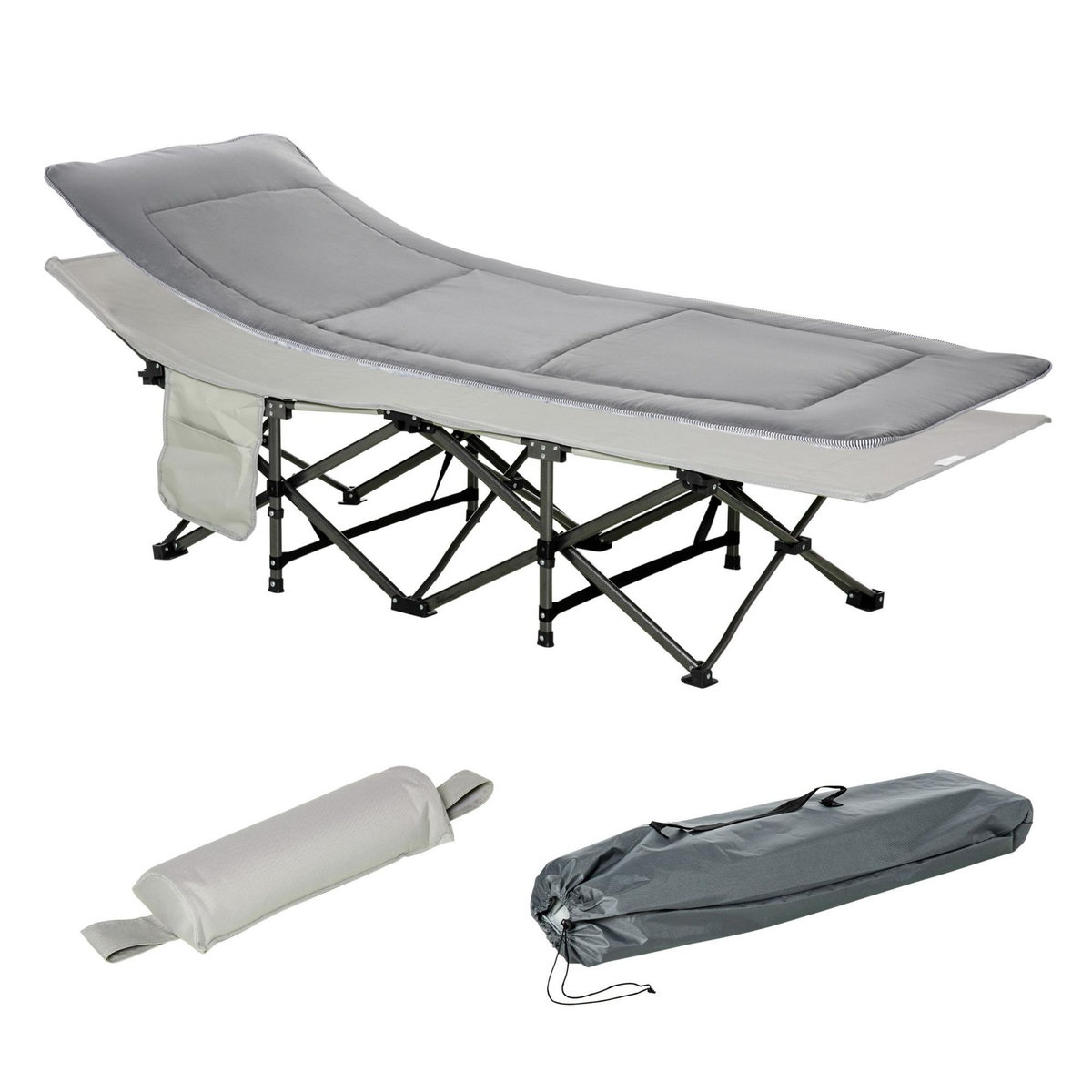 OUTSUNNY Lit de camp lit d'appoint pliable - pochette rangement, tétière, sac de transport, matelas inclus métal Oxford gris