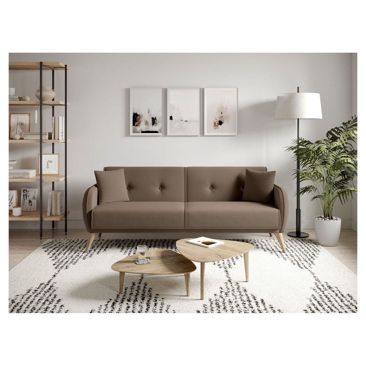 Canapé droit convertible 3 places tissu pieds bois clair BONJO