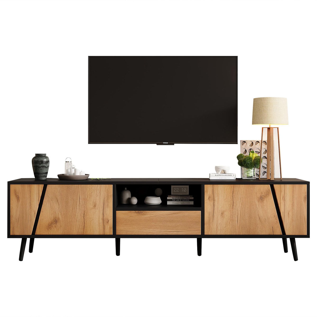 MERAX Meuble tv noir+naturel 180cm panneau de particules