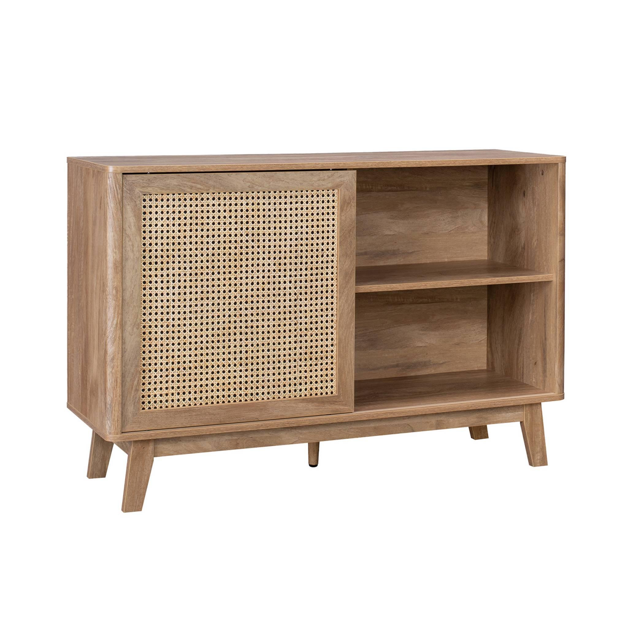 Voir la diapositive 1 : SWEEEK Petit buffet avec 1 porte coulissante et étagères. effet bois et détails cannage. buffet bas. 120cm