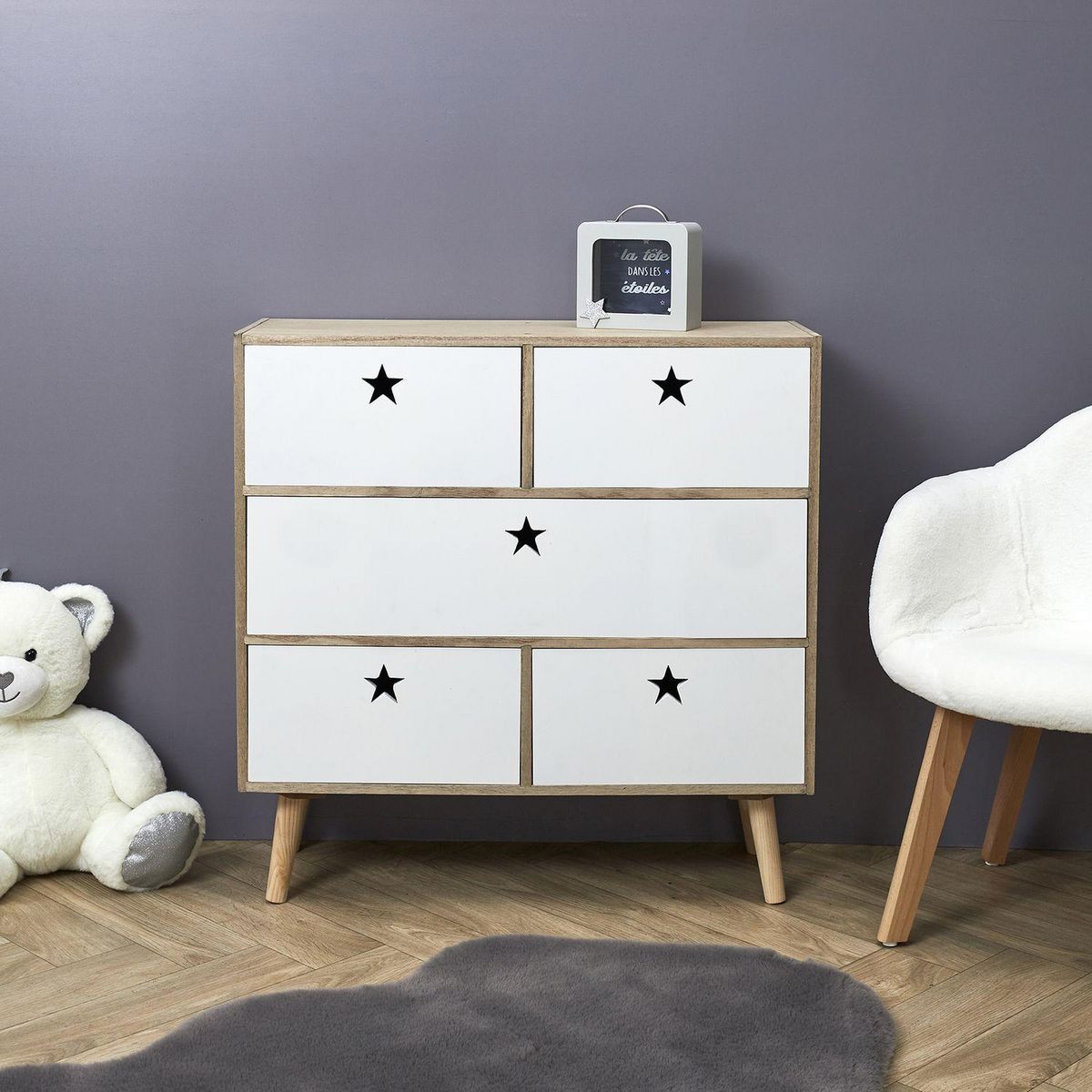 TOILINUX Commode 5 tiroirs Like a Star - en MDF et Bois de Pin - Blanc et Marron