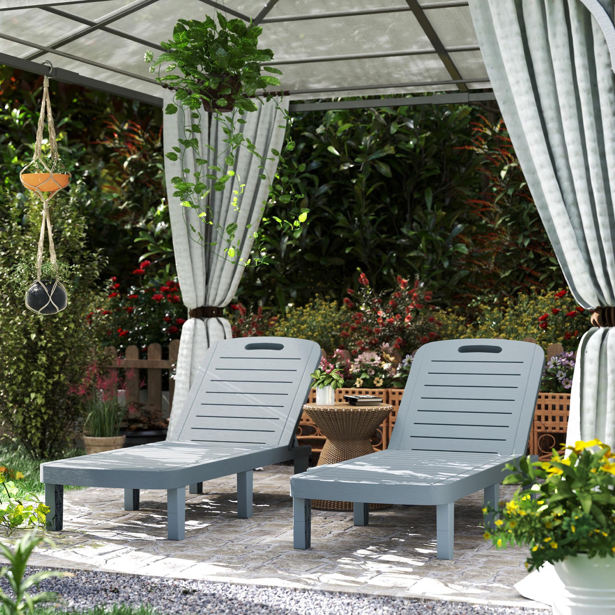 Voir la diapositive 5 : OUTSUNNY Lot de 2 bains de soleil inclinable - plateau rétractable - PP texturé effet bois gris