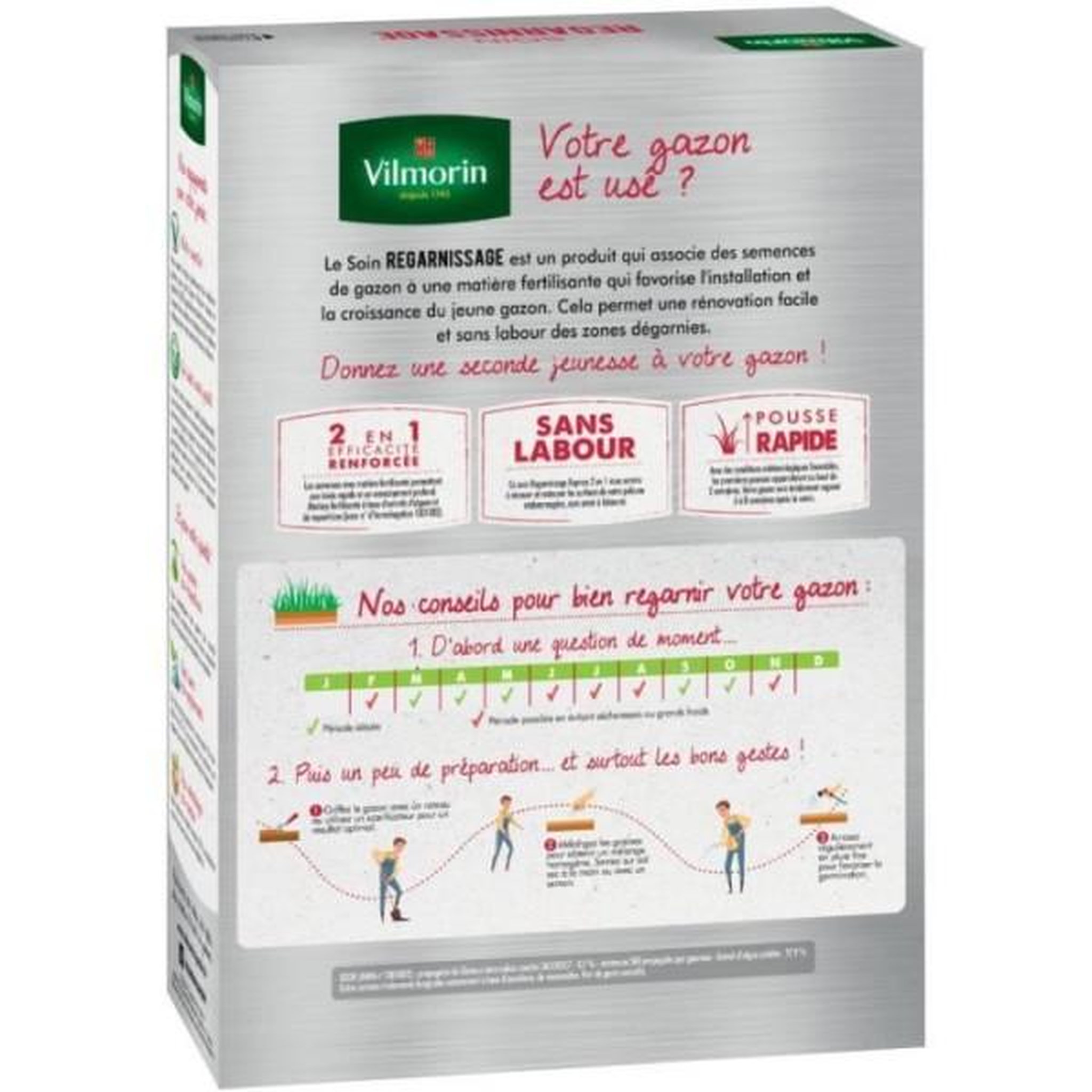 Voir la diapositive 2 : VILMORIN Semences de gazon vilmorin - soins regarnissage universel 2 en 1 boite de 1kg - repousse tres rapide