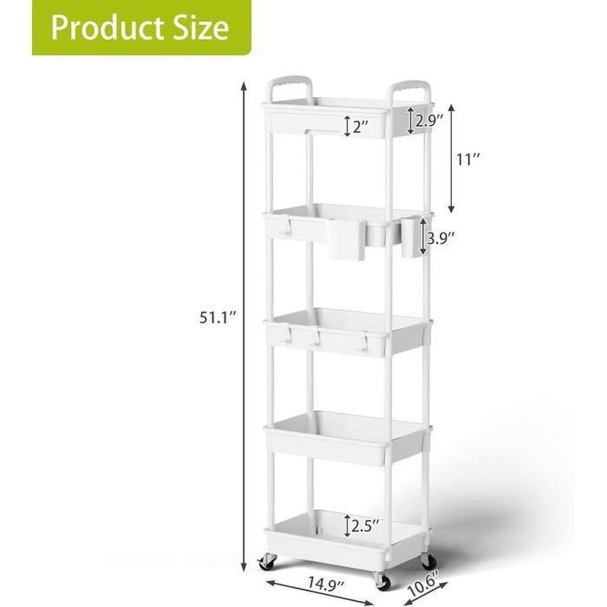 Voir la diapositive 2 : Chariot de cuisine roulant blanc à 5 niveaux avec 5 paniers ventilés, tiroir coulissant verrouillable, 2 poignées et 2 roulettes frein