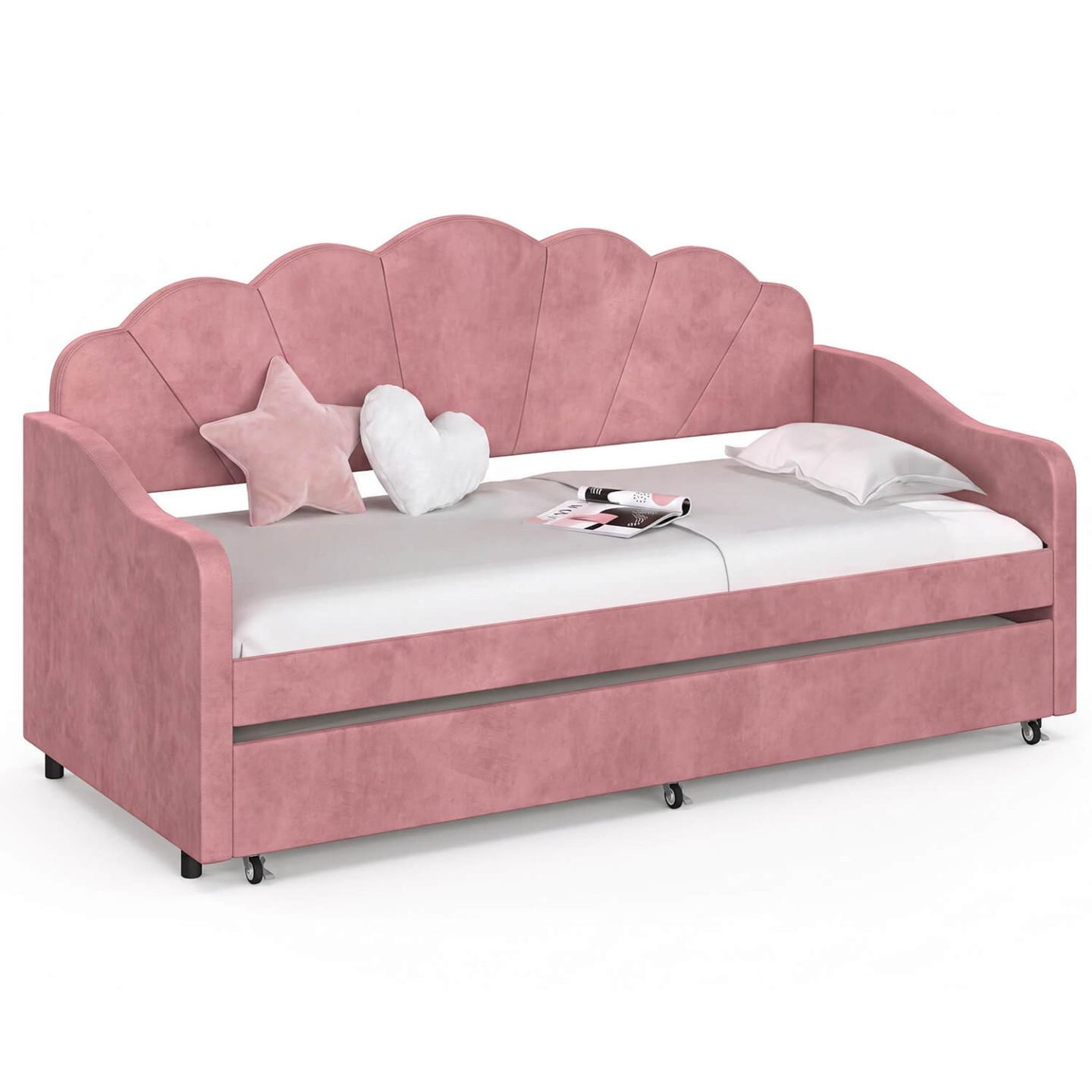 ID MARKET Lit banquette gigogne coquillage amanda 2 x 90 x 190 cm avec 2 sommiers velours rose poudré