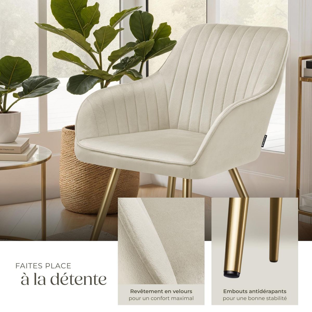 tectake Chaise de salle à manger en velours matelassé et rembourré crème/or