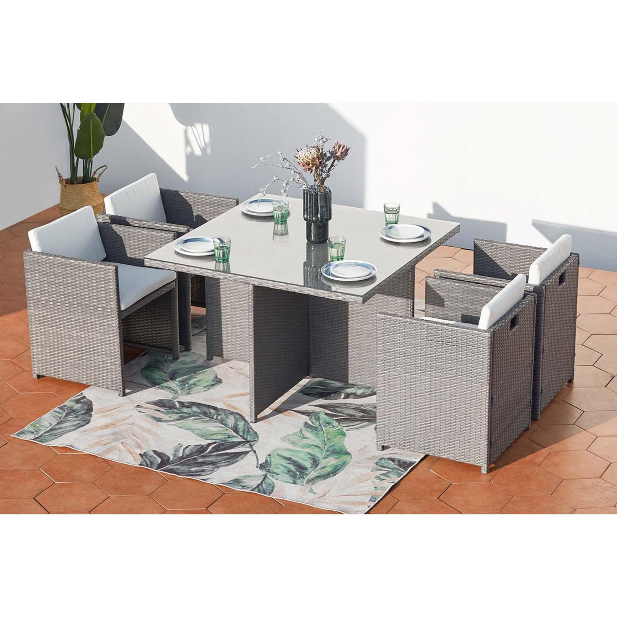 CONCEPT USINE Table et chaises 4 places encastrables en résine gris-blanc MIAMI