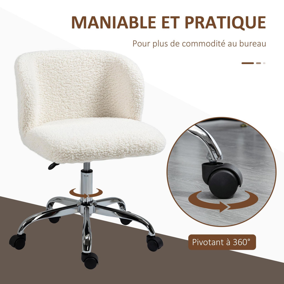 HOMCOM Chaise de bureau design - hauteur réglable, pivotante - piètement acier chromé revêtement effet laine bouclée blanc