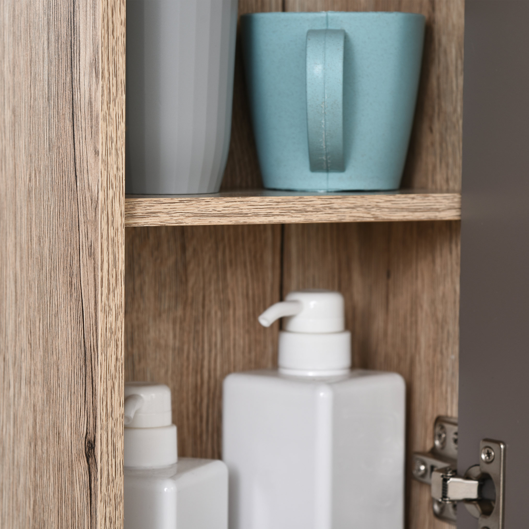 Voir la diapositive 4 : HOMCOM Miroir de salle de bain avec étagère et placard - système fixation intégré - panneaux particules chêne clair gris