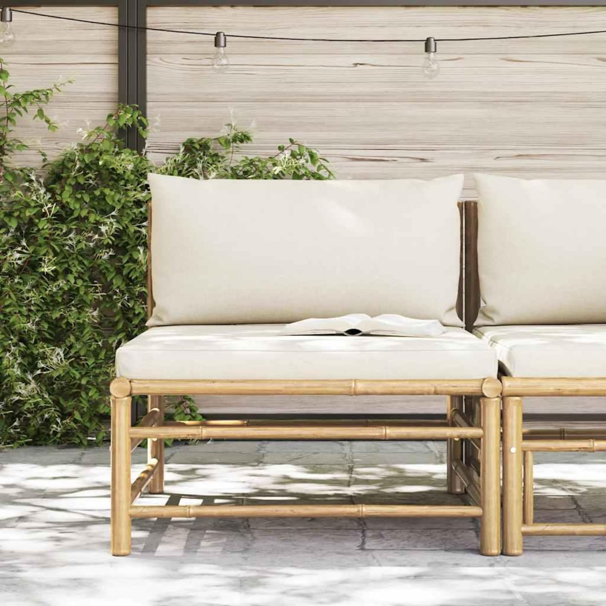VIDAXL Canape central de jardin avec coussins blanc creme Bambou