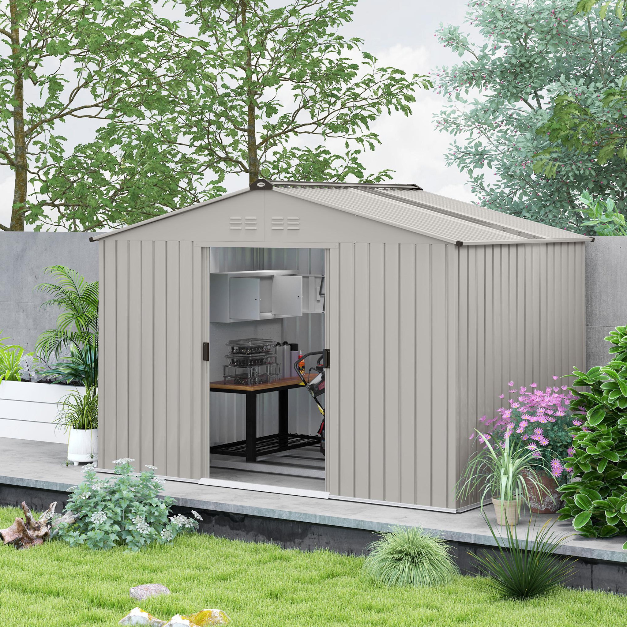 Voir la diapositive 4 : OUTSUNNY Abri de jardin 5,4 m² - cabanon double porte coulissante - fondation incluse - 277 x 195 x 192 cm - tôle d'acier ondulée gris