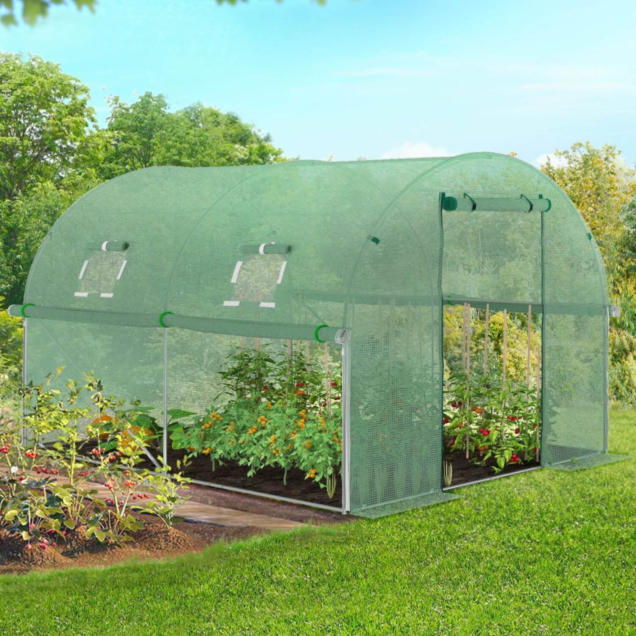 Voir la diapositive 2 : ID MARKET Serre de jardin tunnel 6m² 3 x 2 x 2 m acier galvanisé + bâche anti-UV avec porte et fenêtres ROMA verte toutes saisons