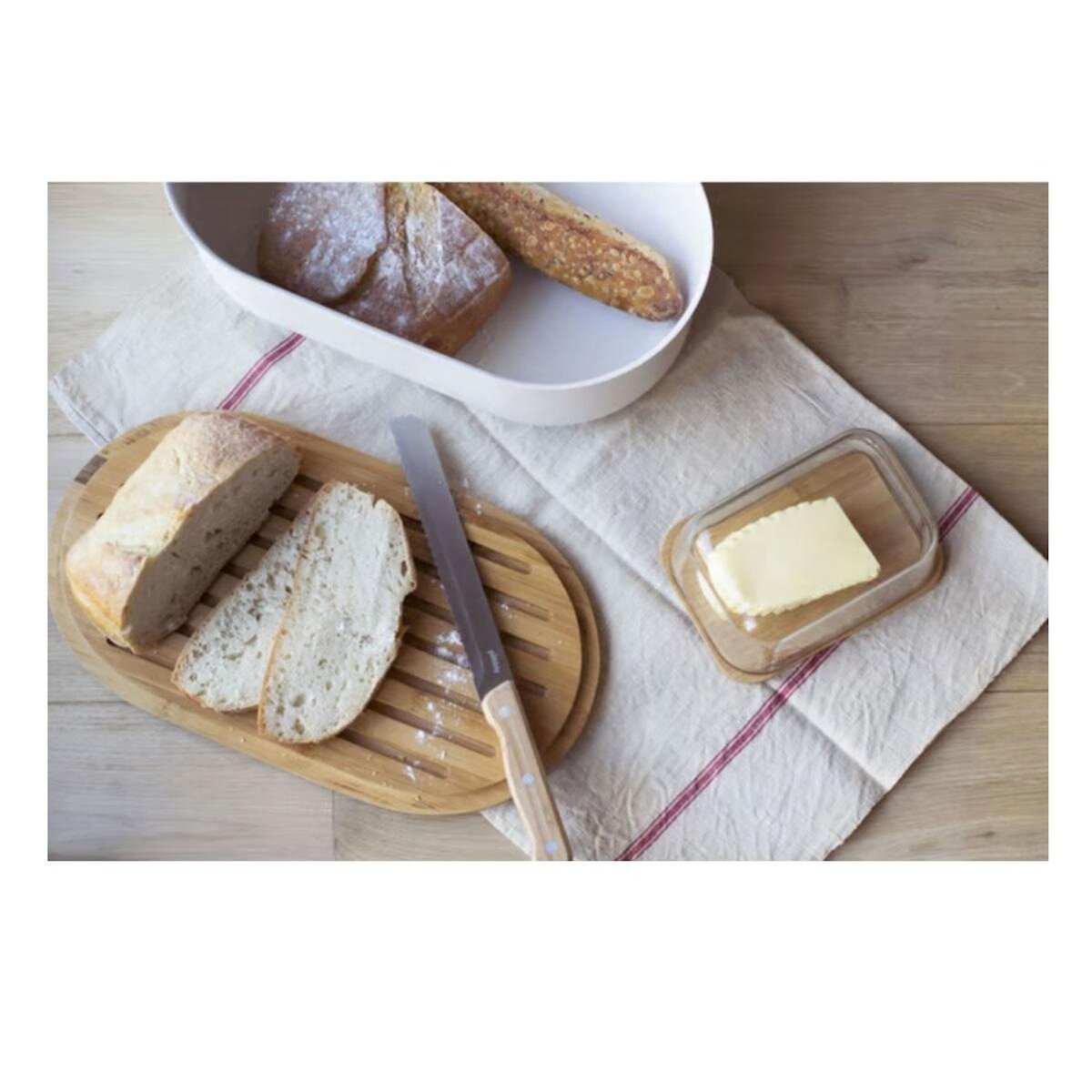 PEBBLY Boîte à pain 4 en 1 creme 36x20x13 cm avec couteau