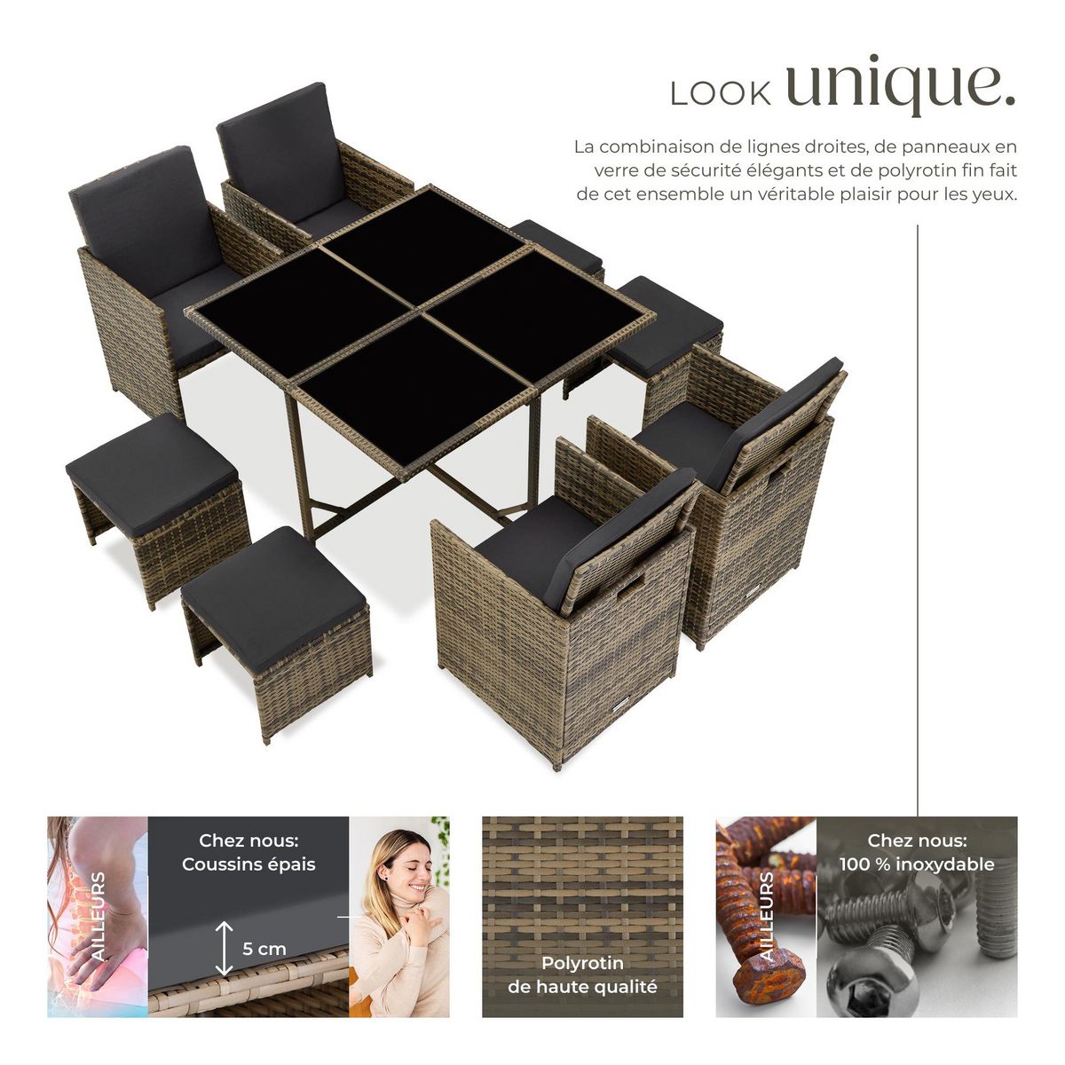 tectake Salon de jardin pour 4 à 8 personnes marron naturel