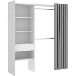 MARKET24 Dressing extensible avec rideau + 1 tiroir - Décor Blanc - L 160-113 x P 50 x H 205 cm - SUIT
