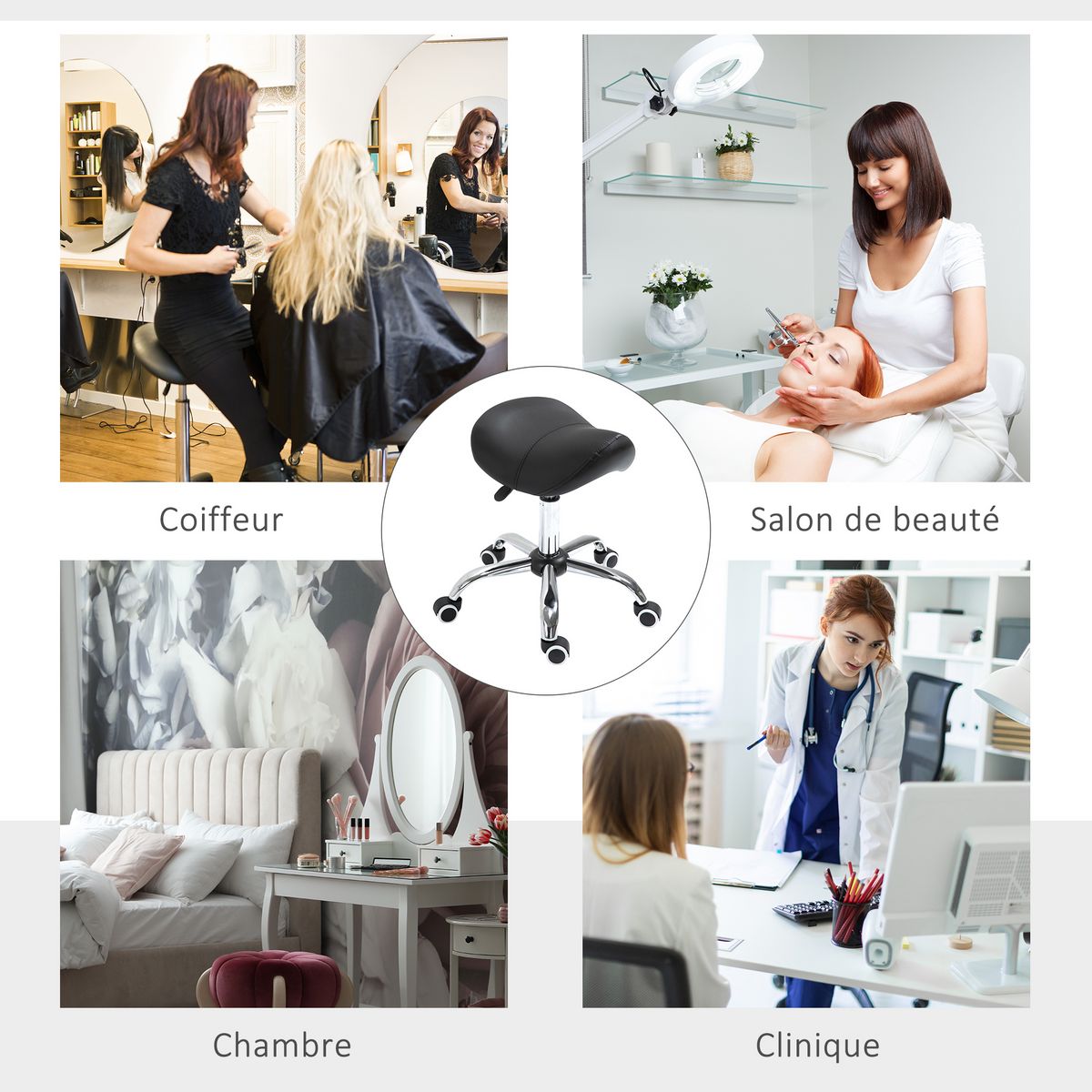 HOMCOM Tabouret de massage tabouret selle ergonomique pivotant 360° hauteur réglable revêtement synthétique noir chromé