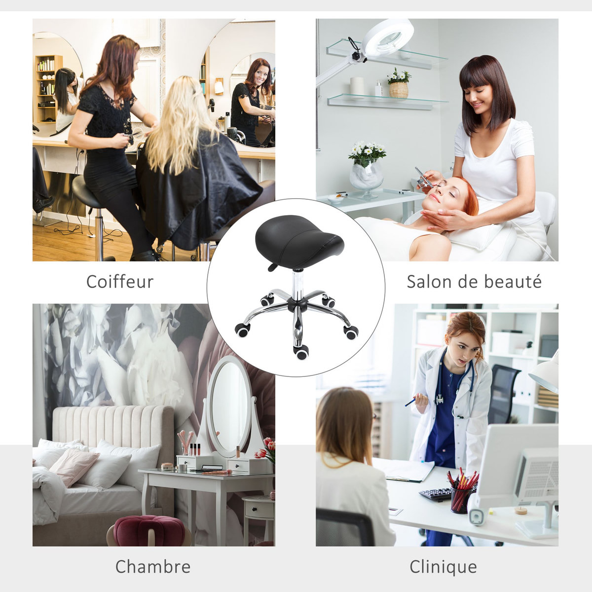 HOMCOM Tabouret de massage tabouret selle ergonomique pivotant 360° hauteur réglable revêtement synthétique noir chromé