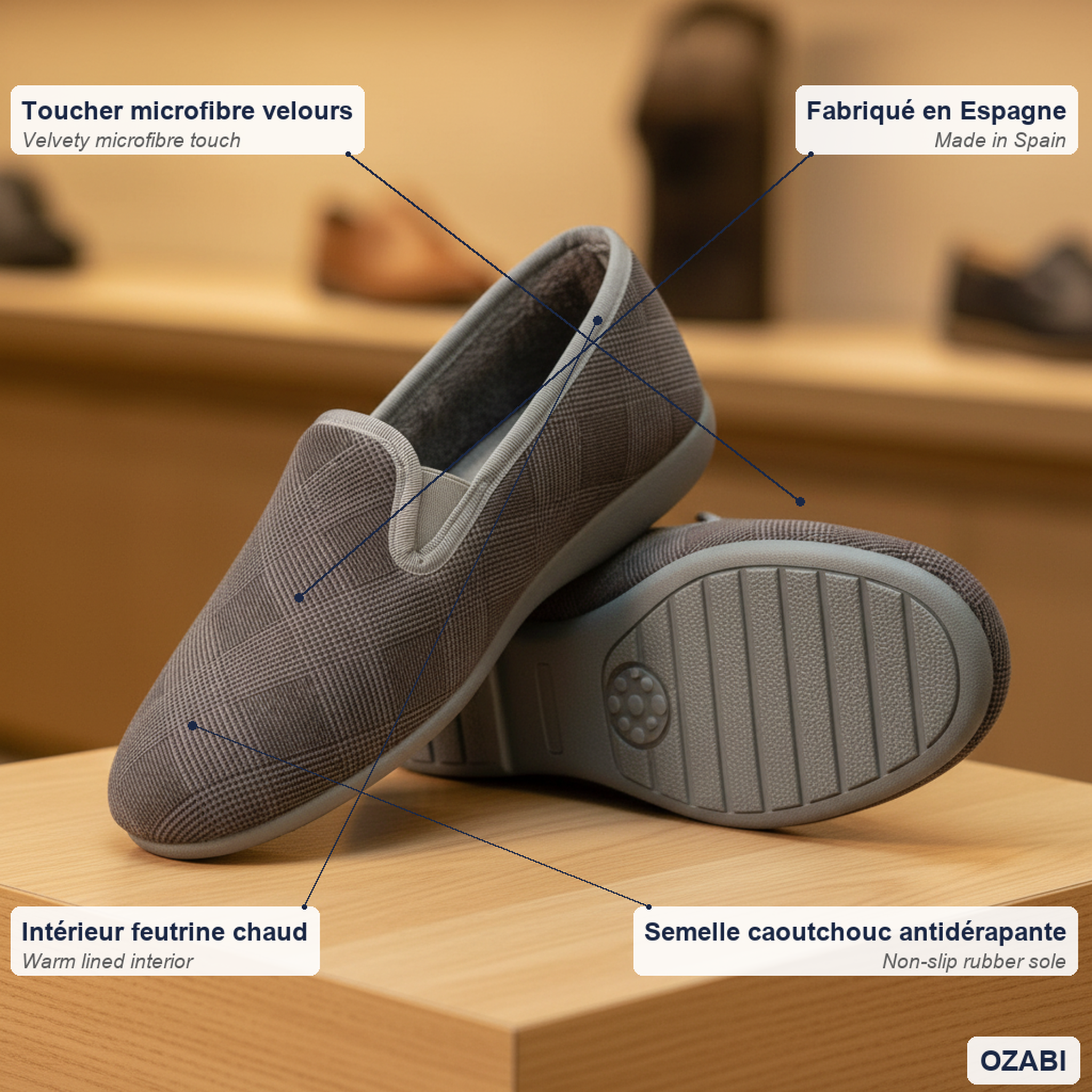 Voir la diapositive 4 : OZABI Ozabi charentaises homme toucher velours microfibre, fabriquées en espagne