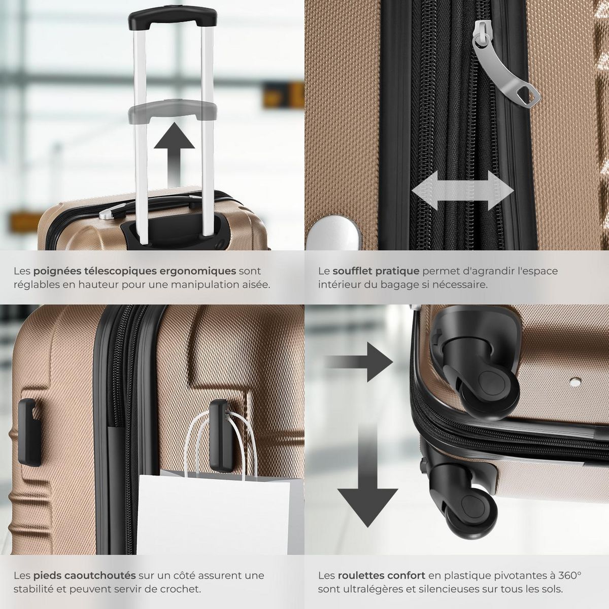 tectake Set de valises trolley rigides 4 parties, en plastique ABS robuste champagne
