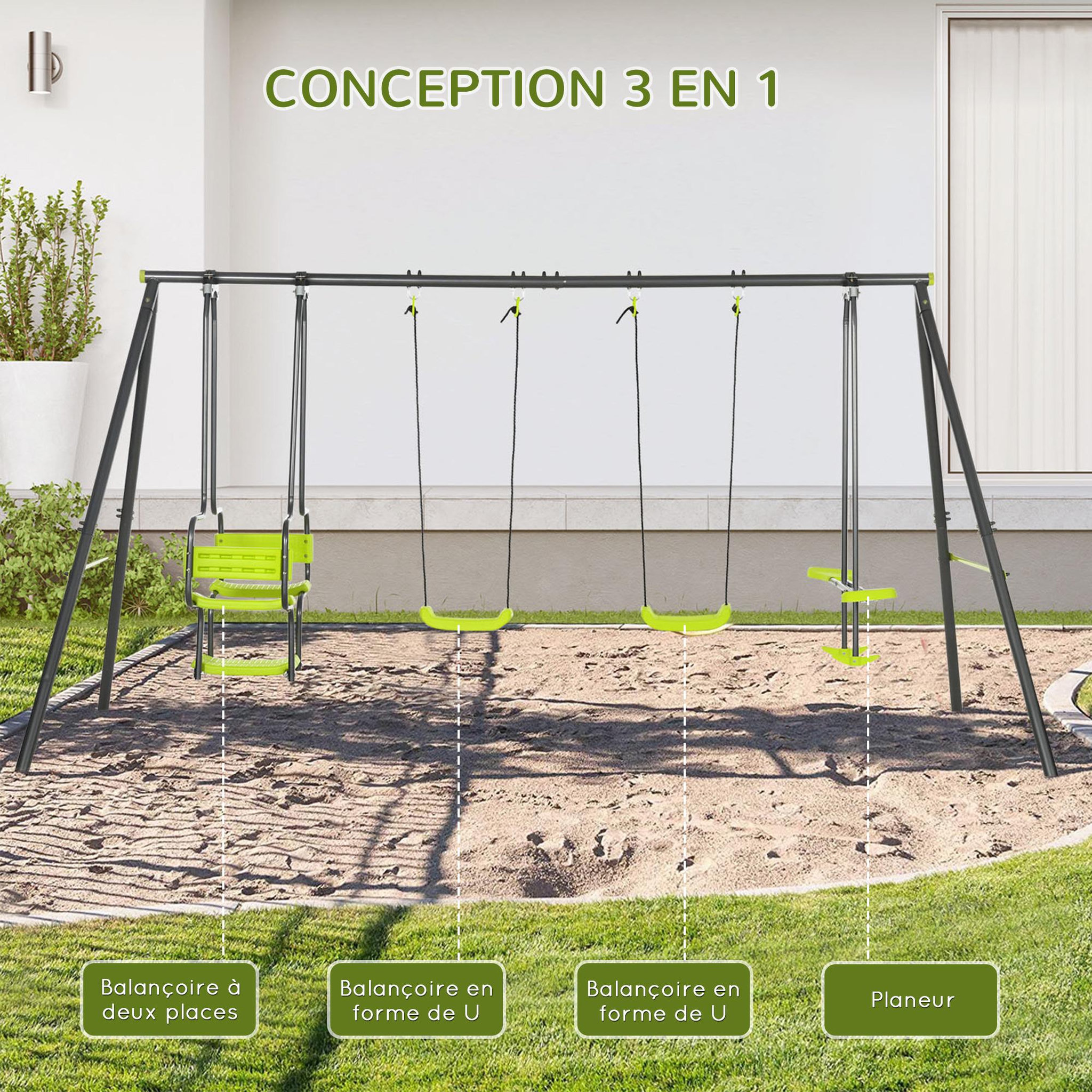 Voir la diapositive 4 : OUTSUNNY Balançoire 4 agrès portique avec 2 balançoires et 2 face à face dim. 3,55L x 1,84l x 1,86H m acier époxy gris PE vert
