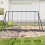 Voir la diapositive 4 : OUTSUNNY Balançoire 4 agrès portique avec 2 balançoires et 2 face à face dim. 3,55L x 1,84l x 1,86H m acier époxy gris PE vert
